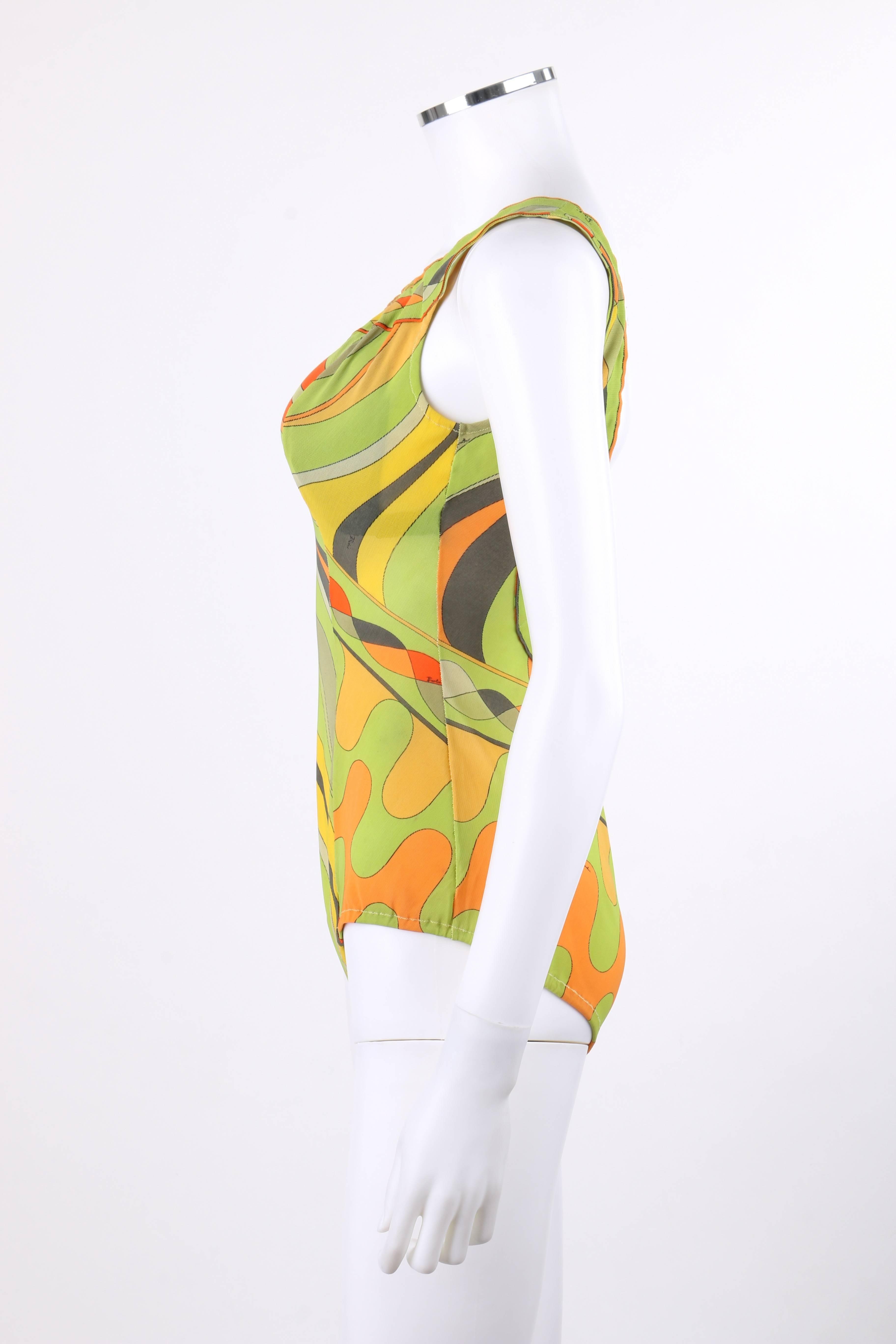 Yellow EMILIO PUCCI c.1960's Op Art Signature Print One Piece Bodysuit Bathing Swimsuit For Sale