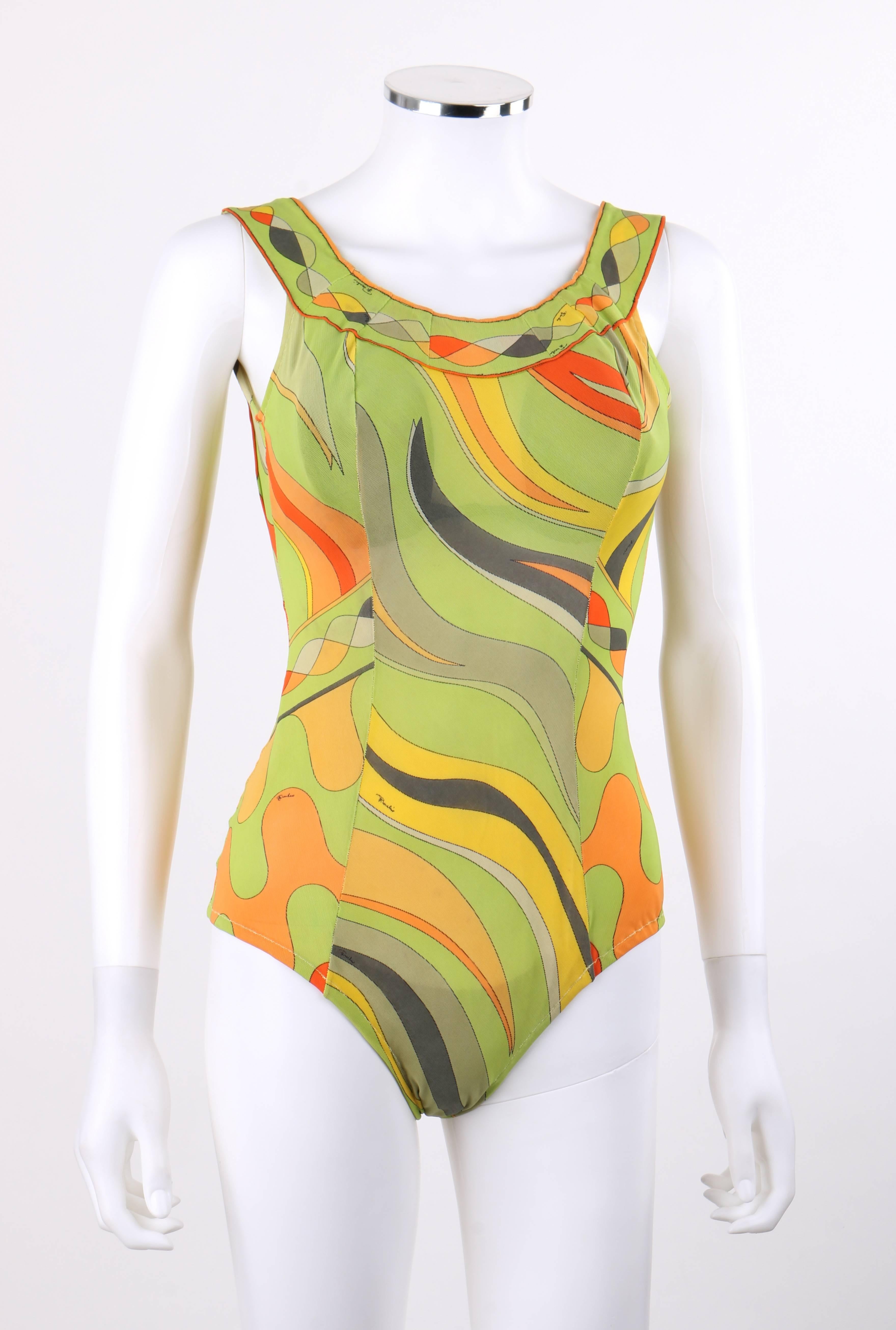 EMILIO PUCCI ca. 1960er Op Art Signature Print Einteiliger Bodysuit für den Badeanzug (Gelb) im Angebot