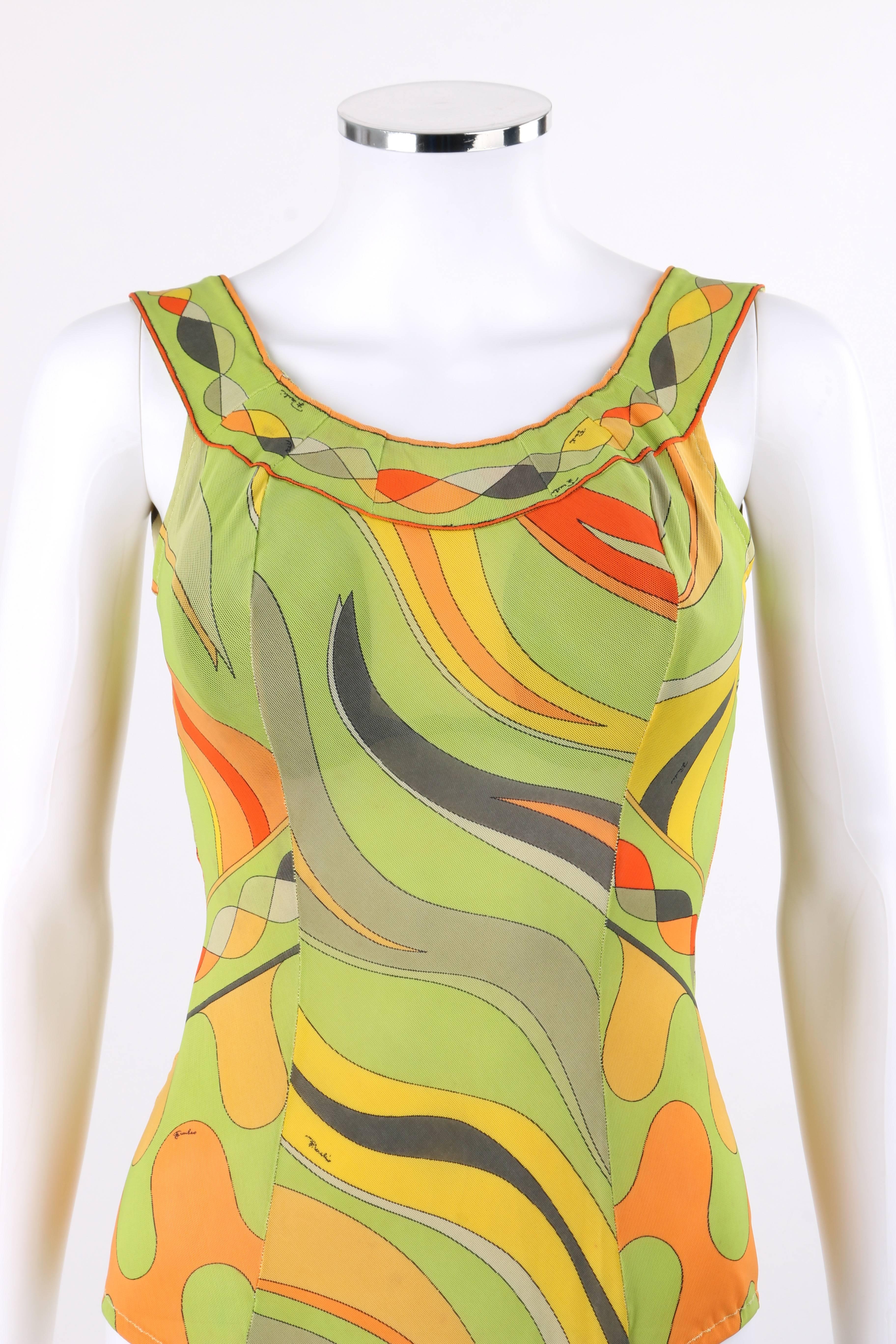 Vintage Emilio Pucci c.1960's op art signature print one piece bathing suit. Multicolor op art signature print mesh lycra in shades of green, yellow, orange, and gray. Front scoop neckline. Low open back. Boarder print detail along neckline and from