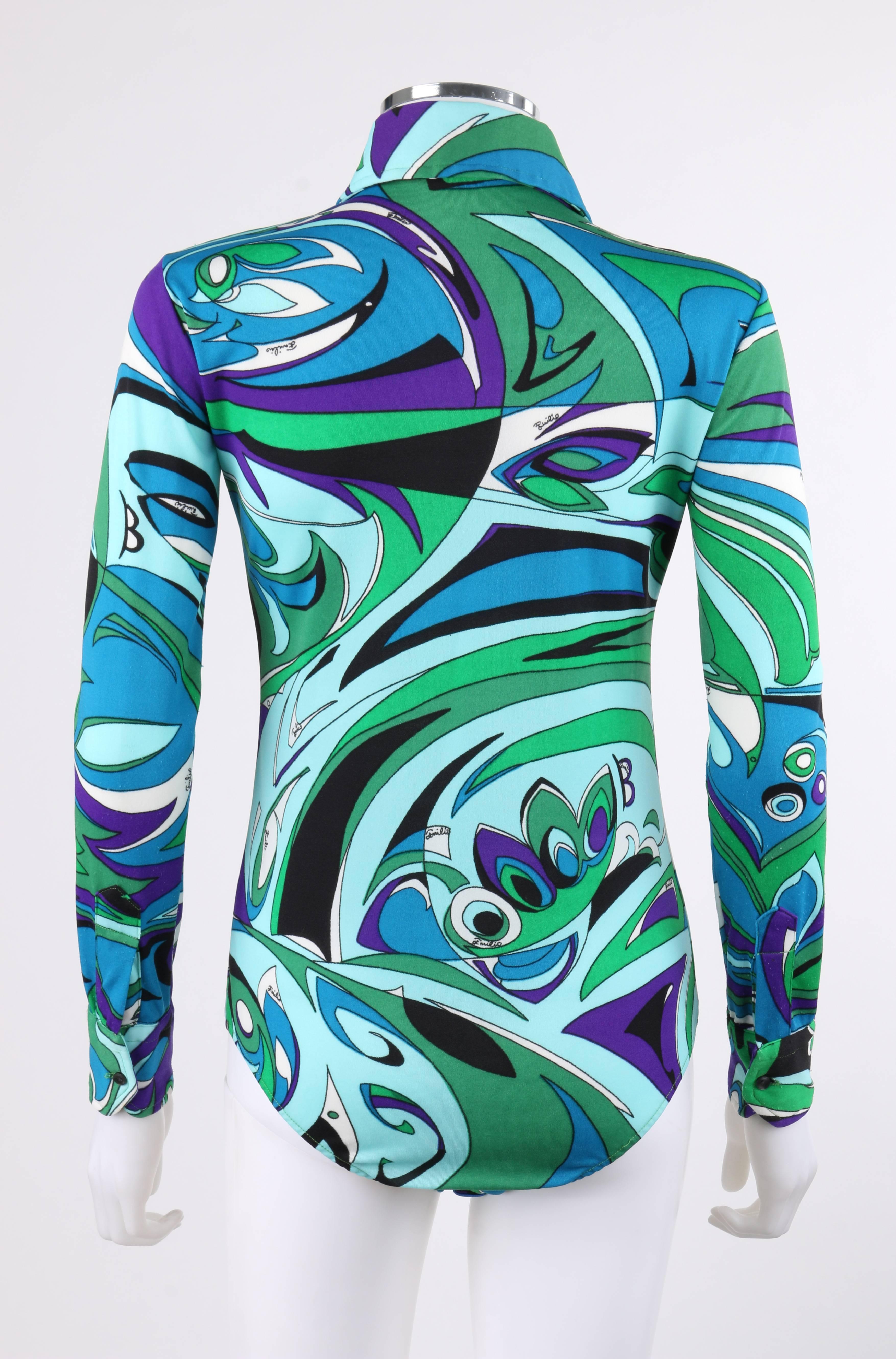 Women's EMILIO PUCCI Braniff Airlines c.1974 Green Op Art Signature Print Knit Bodysuit