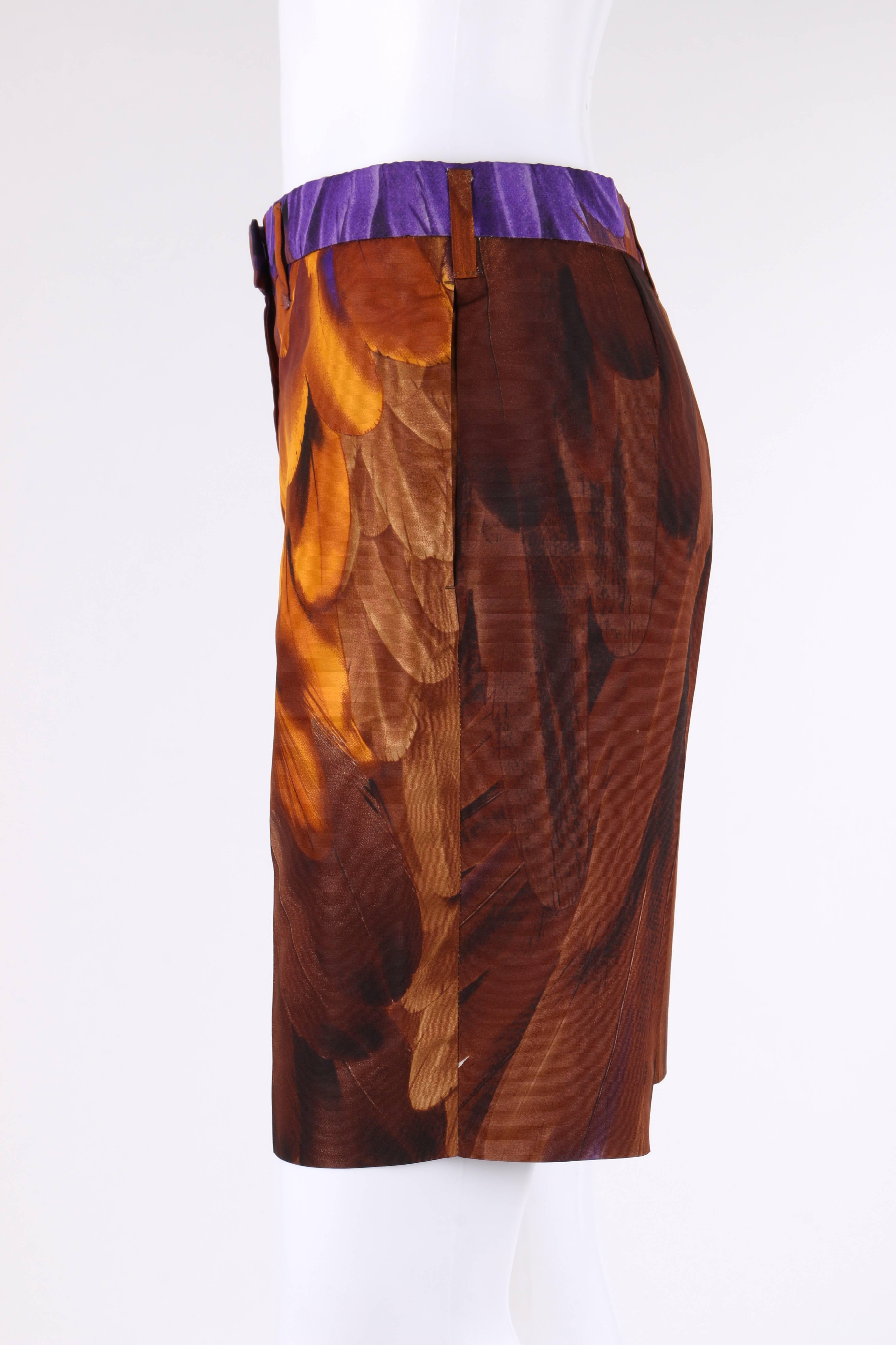 PRADA S/S 2005 Brown & Gold Feather Print Silk Bermuda Shorts In New Condition In Thiensville, WI