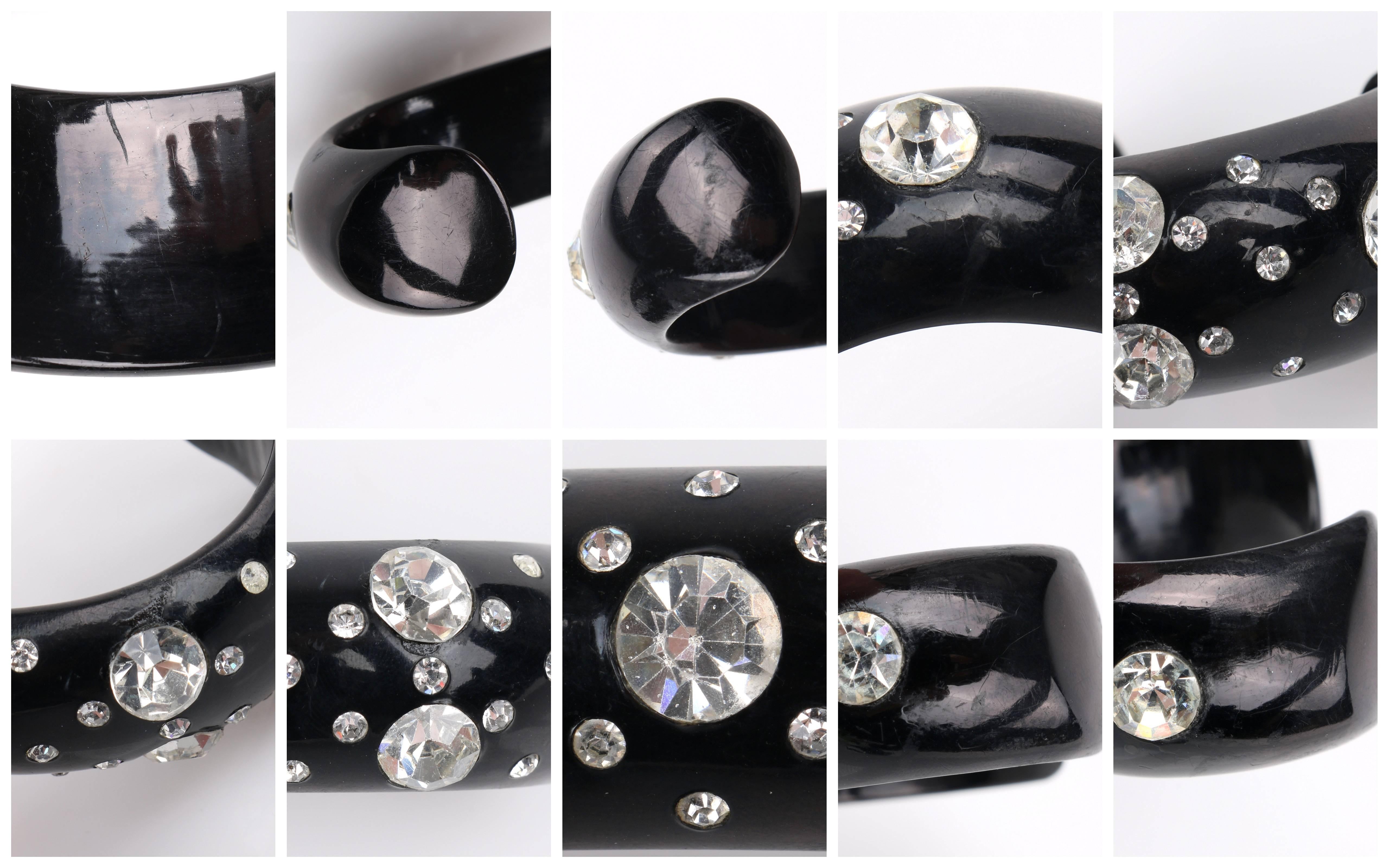 Women's c.1950's Black Simulated Bakelite Crystal Rhinestone Embedded Cuff Bracelet  For Sale