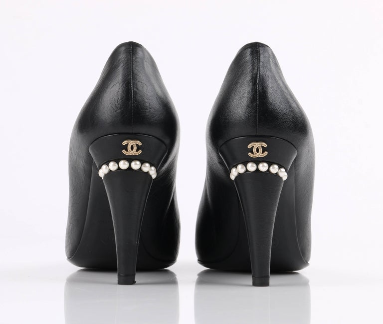 CHANEL Cruise 2015 Black Leather Pearl Embellished Pointed Toe Pumps Heels at 1stDibs