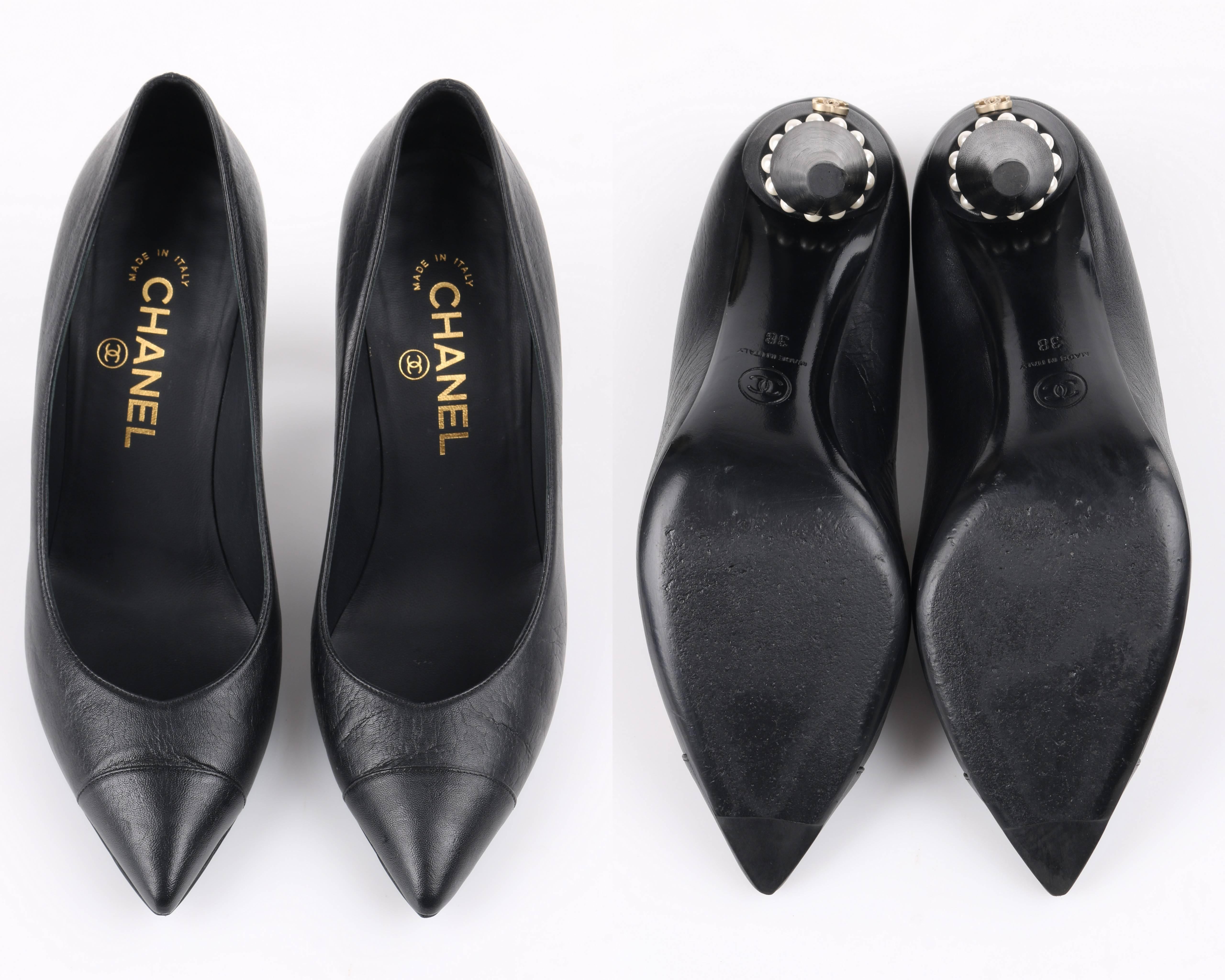 CHANEL Cruise 2015 Black Leather Pearl Embellished Pointed Toe Pumps Heels 3