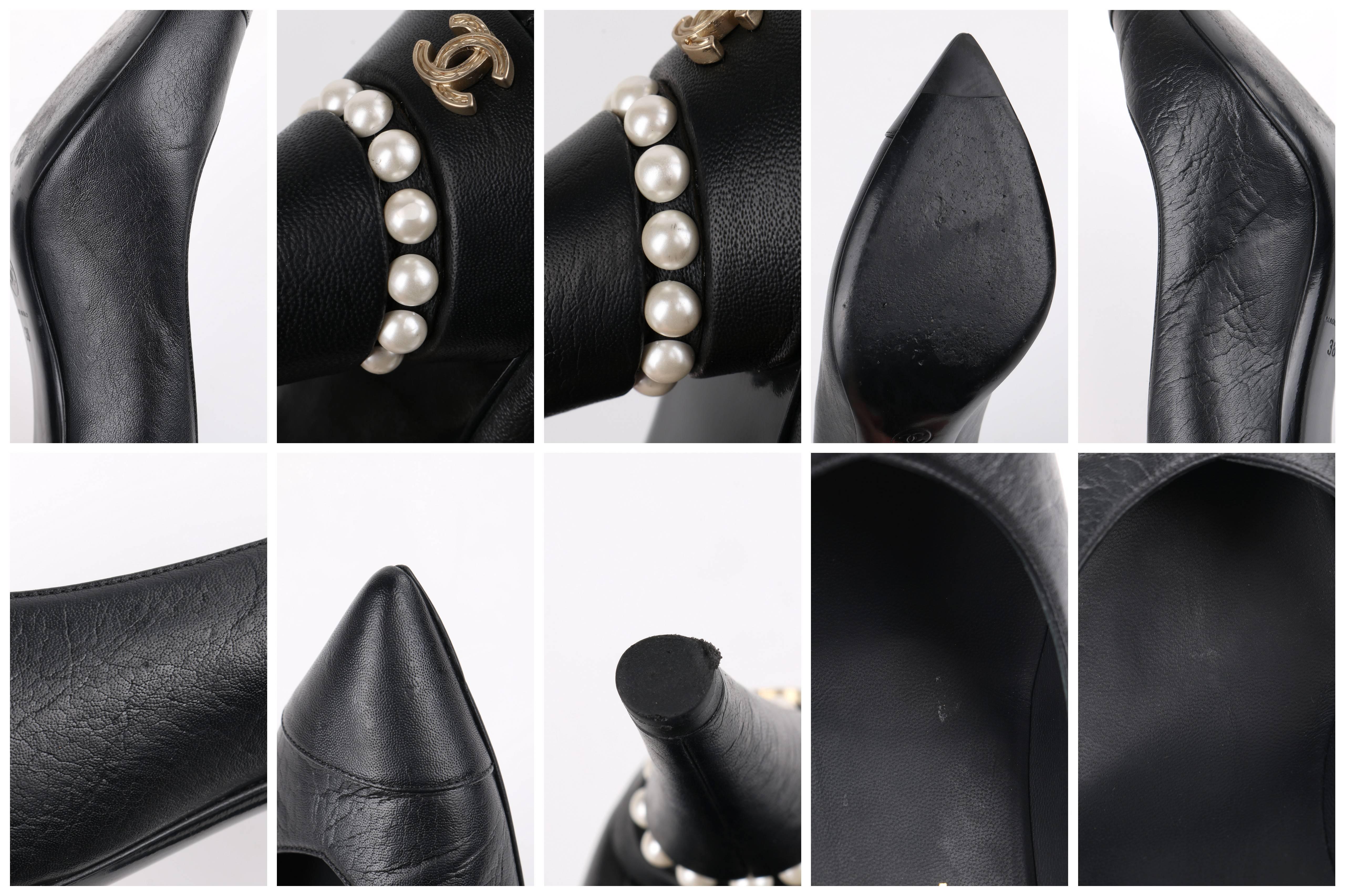 CHANEL Cruise 2015 Black Leather Pearl Embellished Pointed Toe Pumps Heels 5