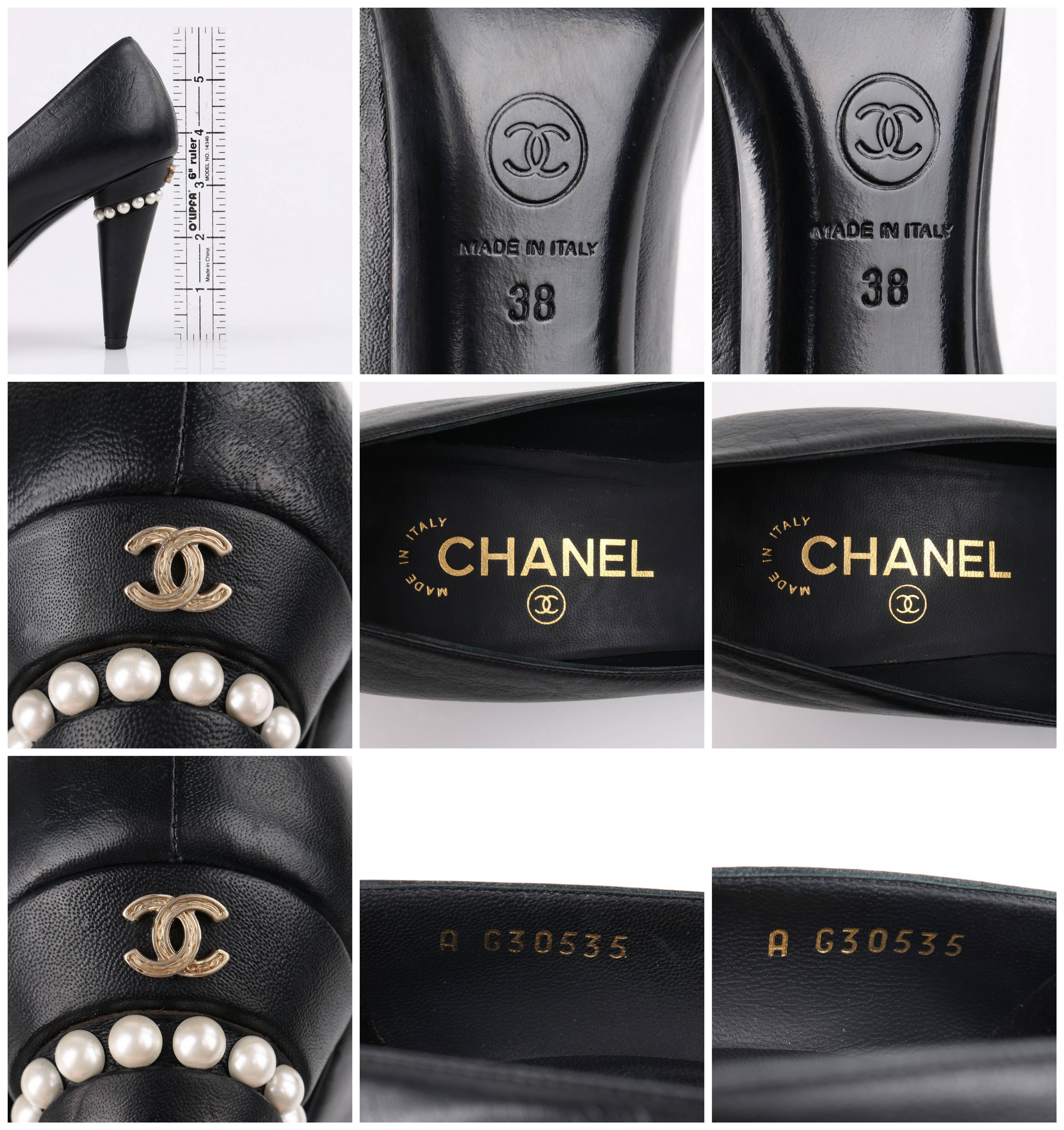 CHANEL Cruise 2015 Black Leather Pearl Embellished Pointed Toe Pumps Heels 4