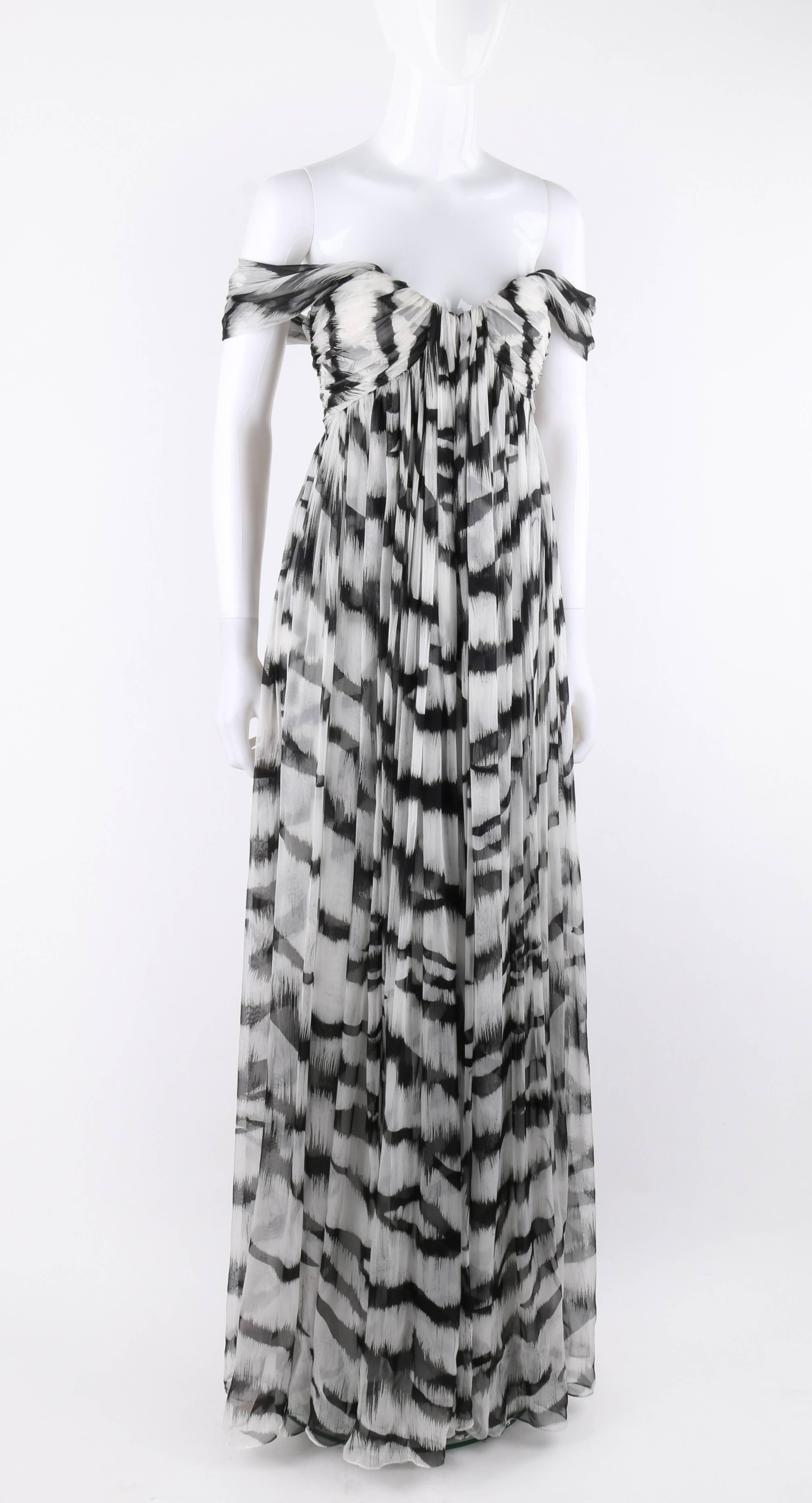 Alexander McQueen Spring/Summer 2012 white tiger stripe silk chiffon evening gown; New with tags. Designed by Sarah Burton. Black and white painterly tiger stripe printed silk chiffon. Off-the-shoulder straps. Sweet hear neckline. Pleated detail at