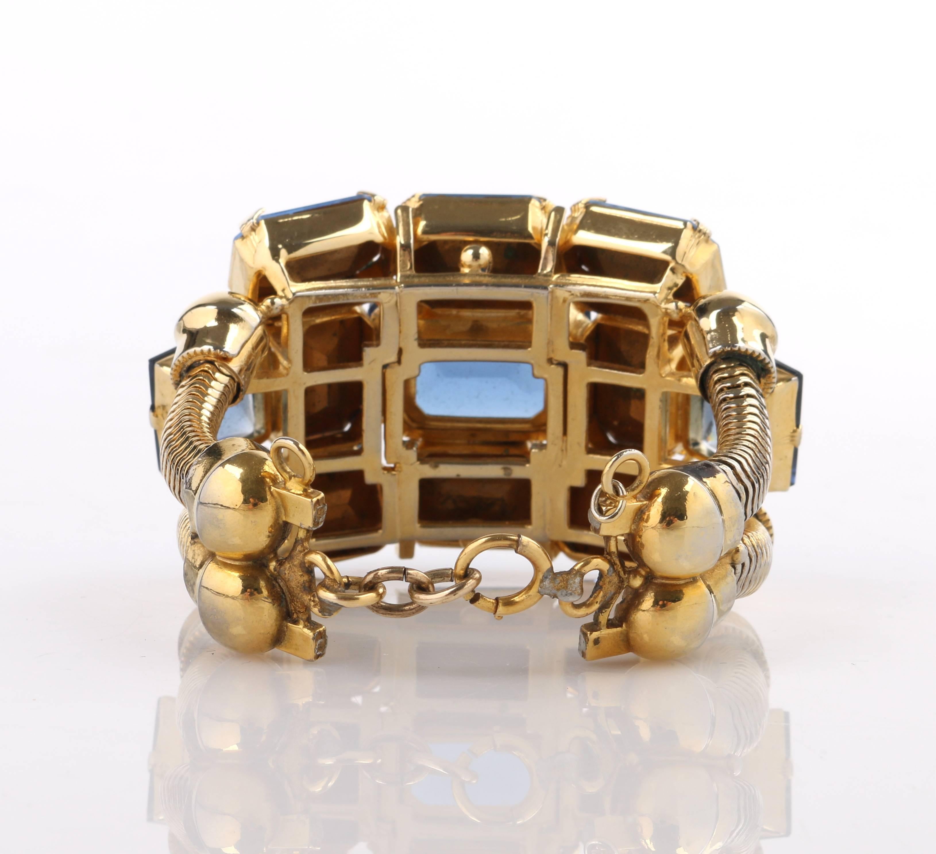 c.1950's Blue Glass Rhinestone Gold Banded Massive Statement Cuff Bracelet 4