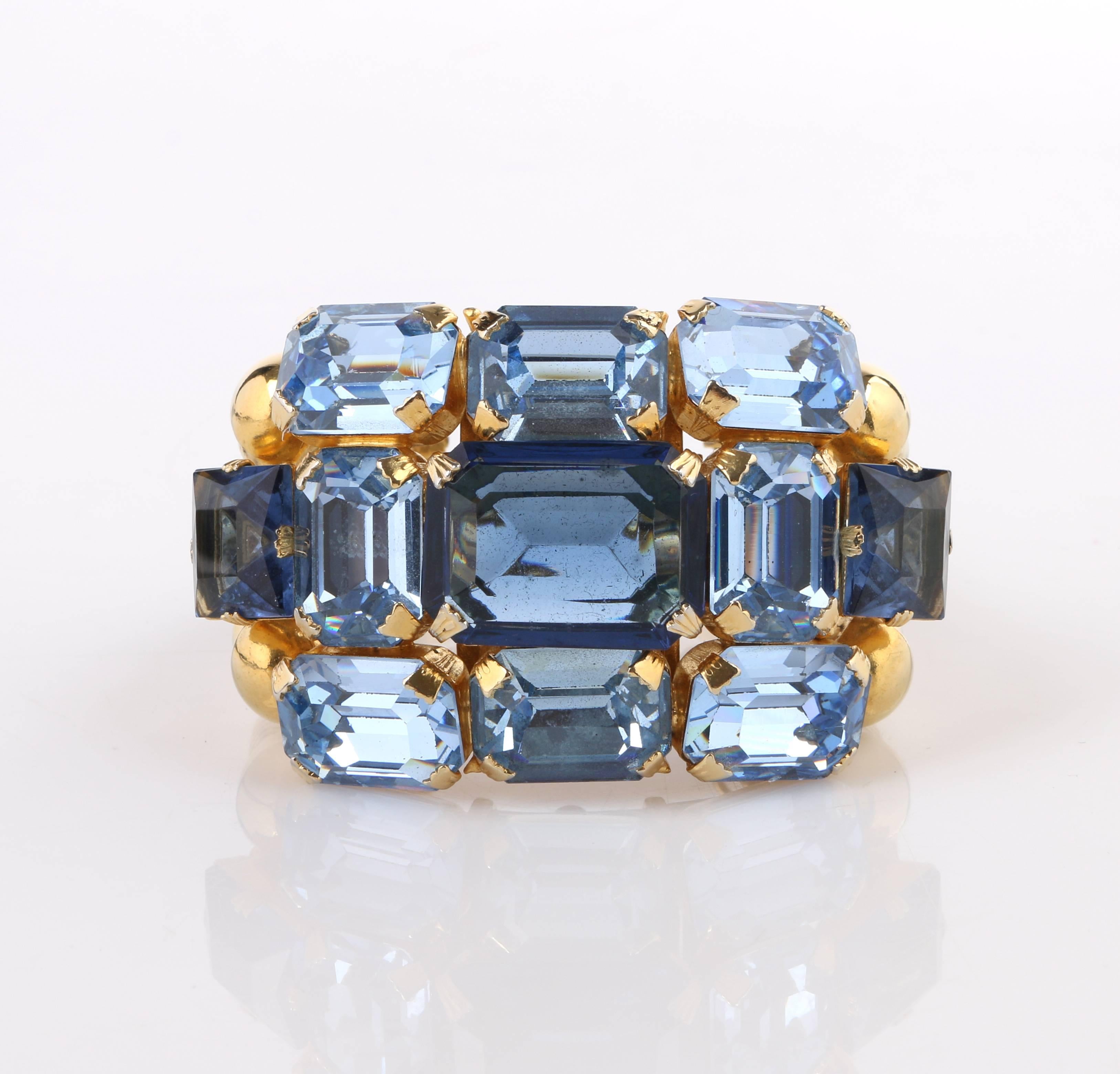 Women's c.1950's Blue Glass Rhinestone Gold Banded Massive Statement Cuff Bracelet