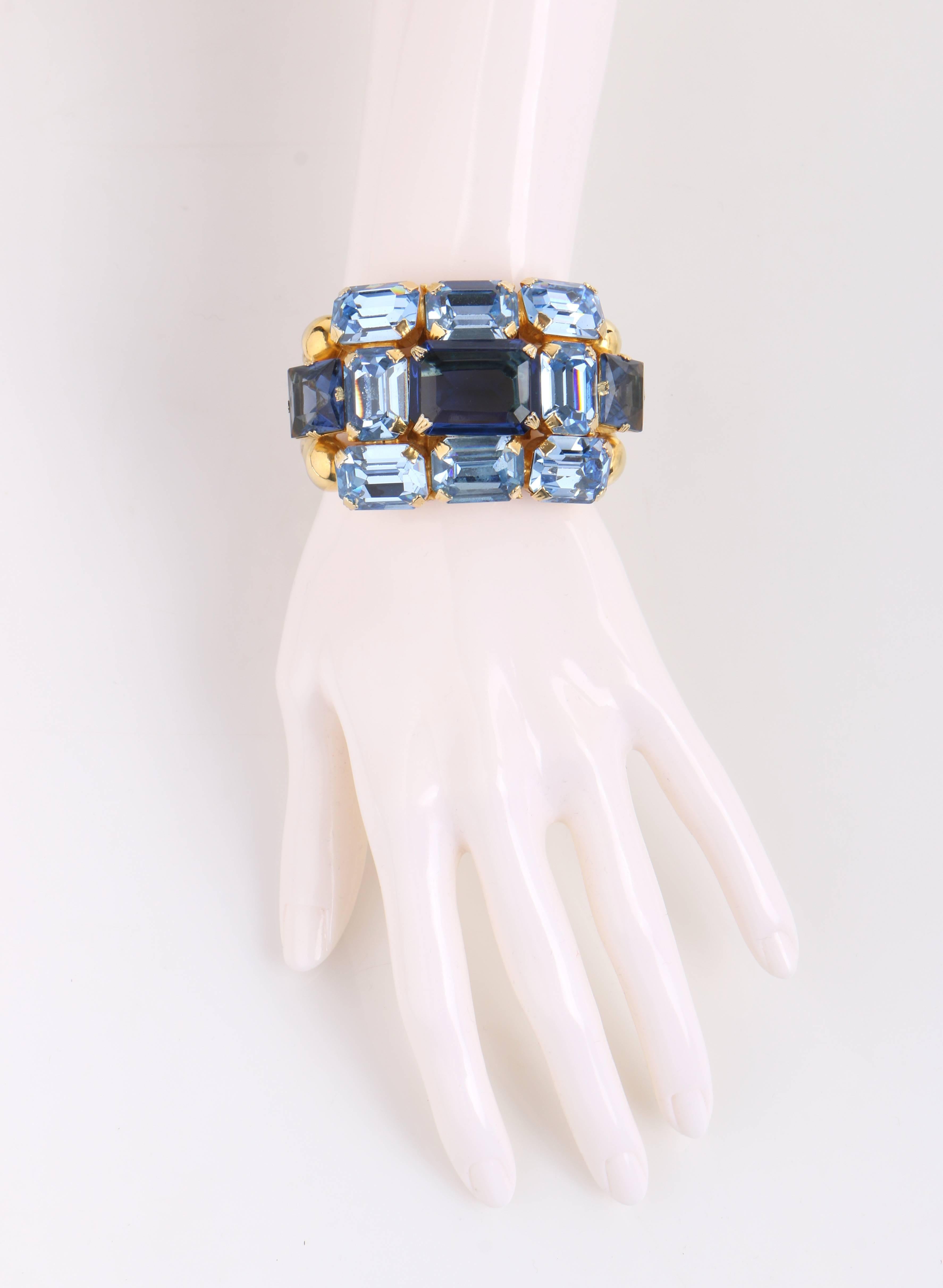 c.1950's Blue Glass Rhinestone Gold Banded Massive Statement Cuff Bracelet 1