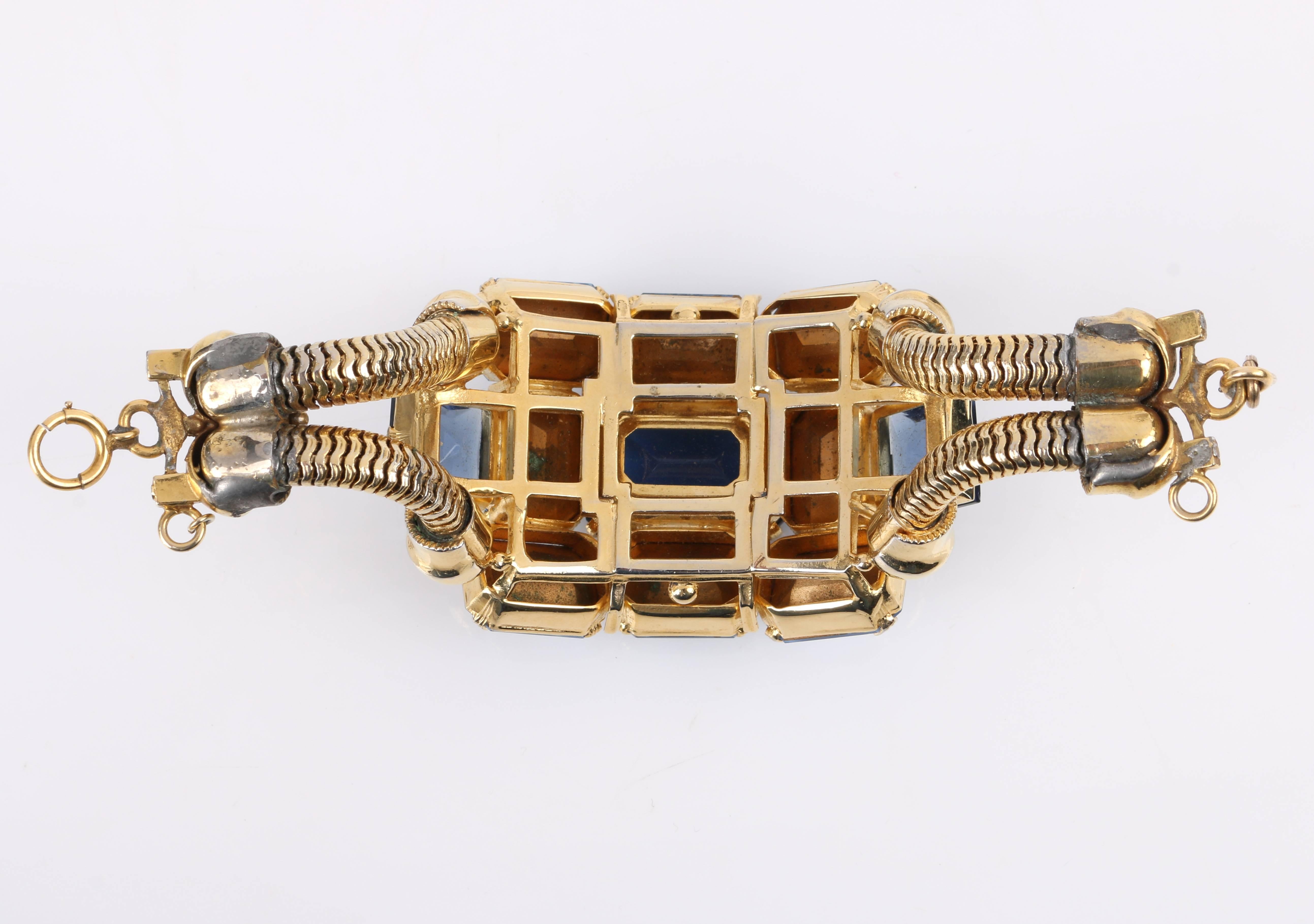 c.1950's Blue Glass Rhinestone Gold Banded Massive Statement Cuff Bracelet 5