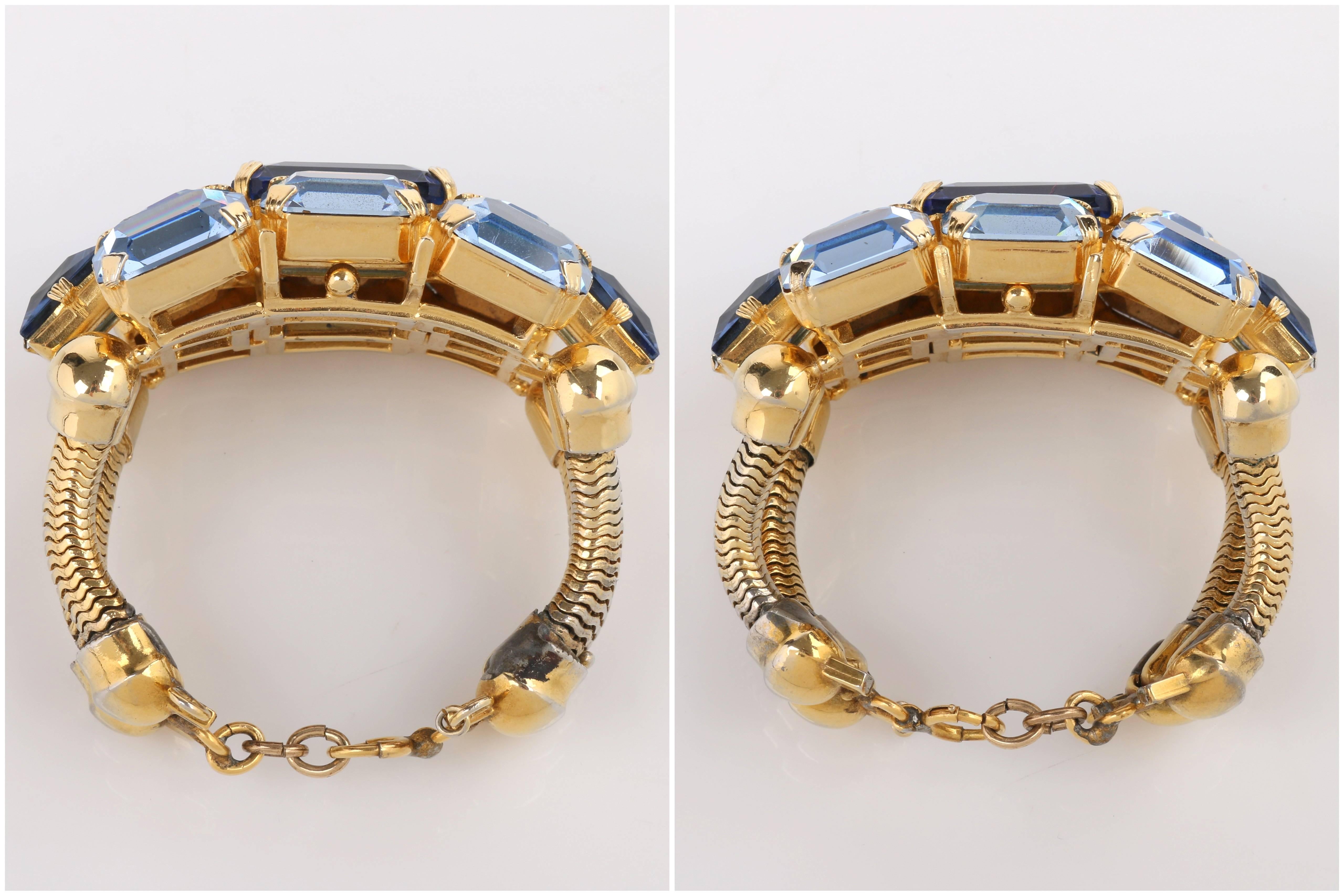 c.1950's Blue Glass Rhinestone Gold Banded Massive Statement Cuff Bracelet 3