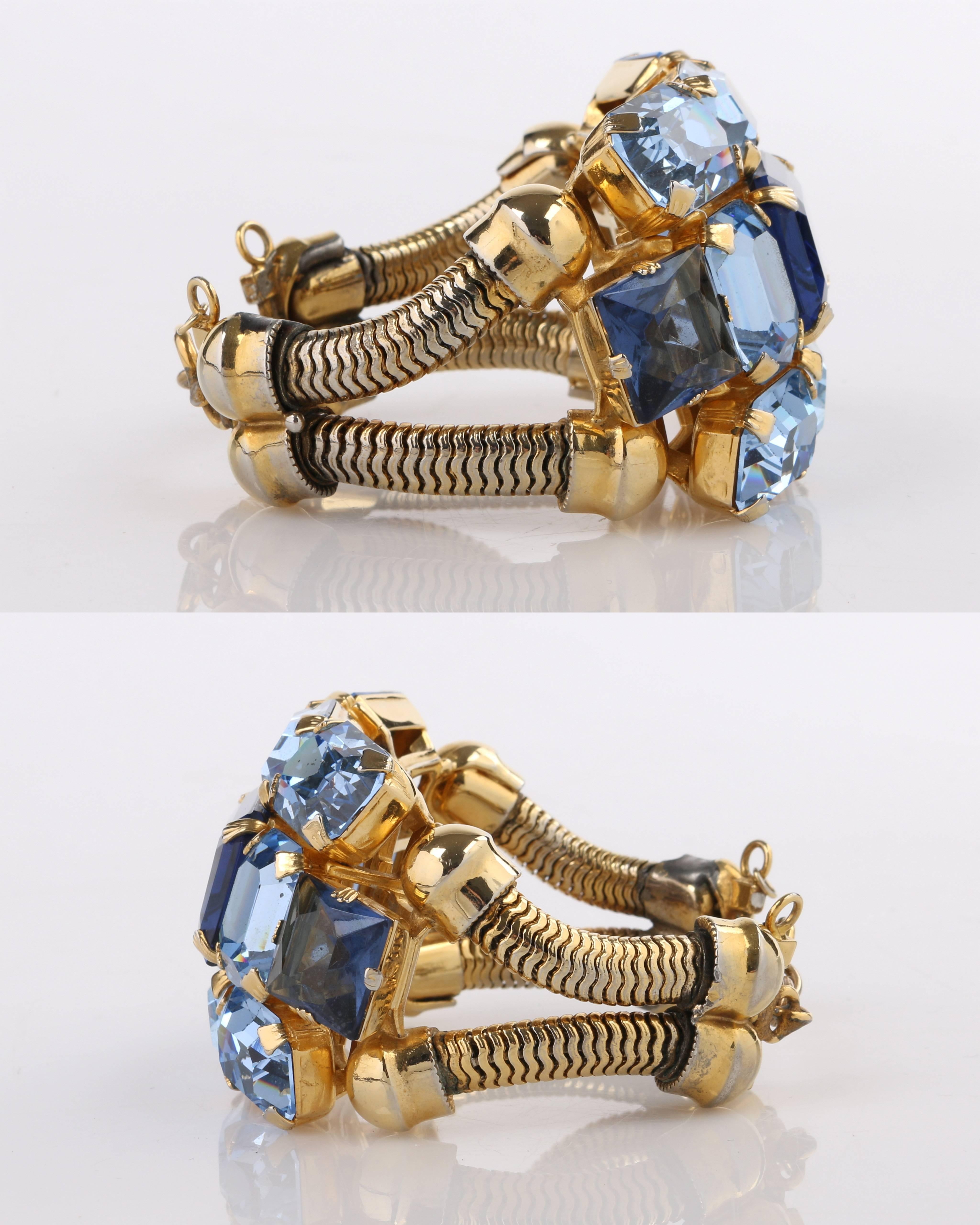 c.1950's Blue Glass Rhinestone Gold Banded Massive Statement Cuff Bracelet 2