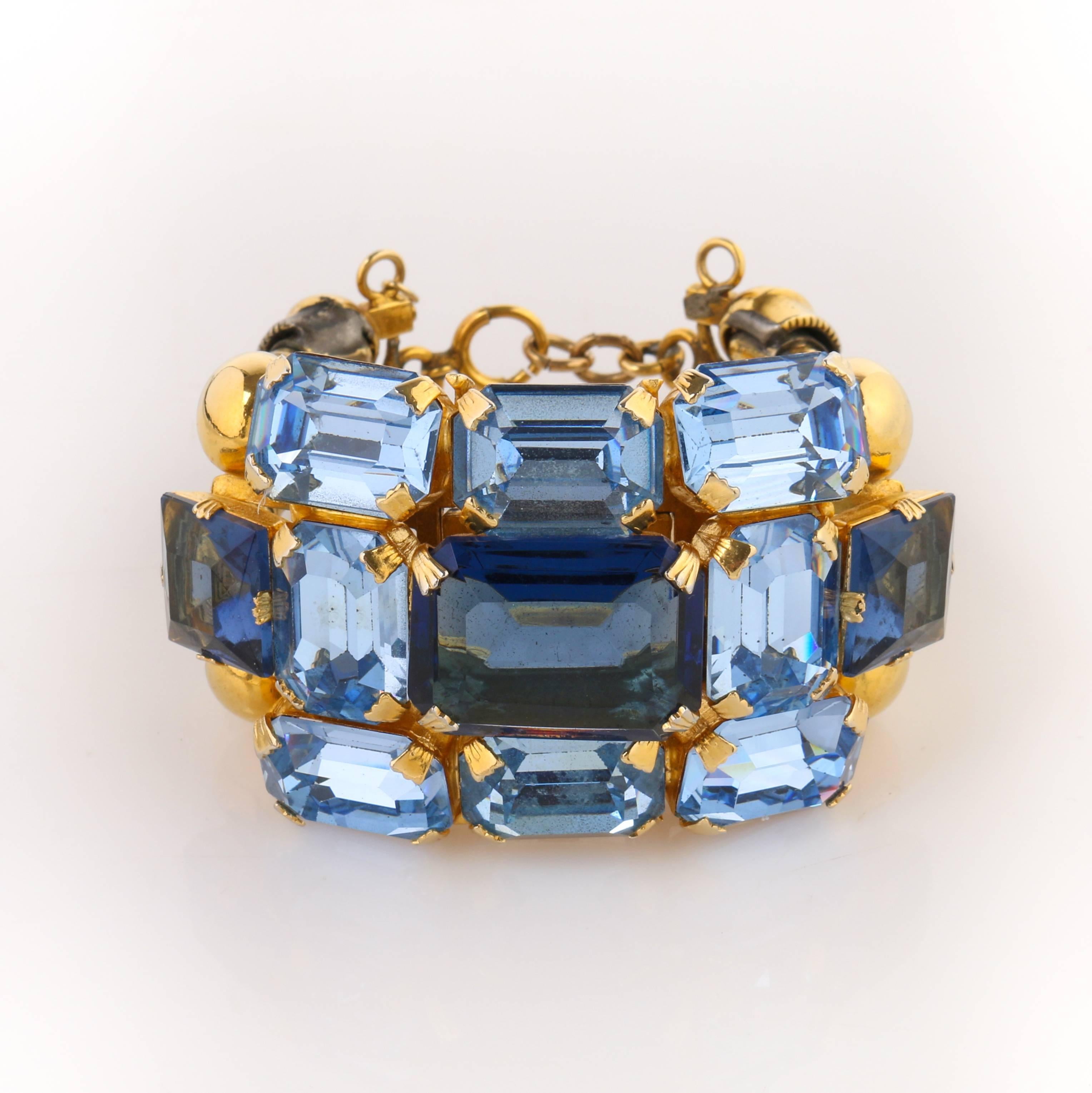 c.1950's Blue Glass Rhinestone Gold Banded Massive Statement Cuff Bracelet In Excellent Condition In Thiensville, WI