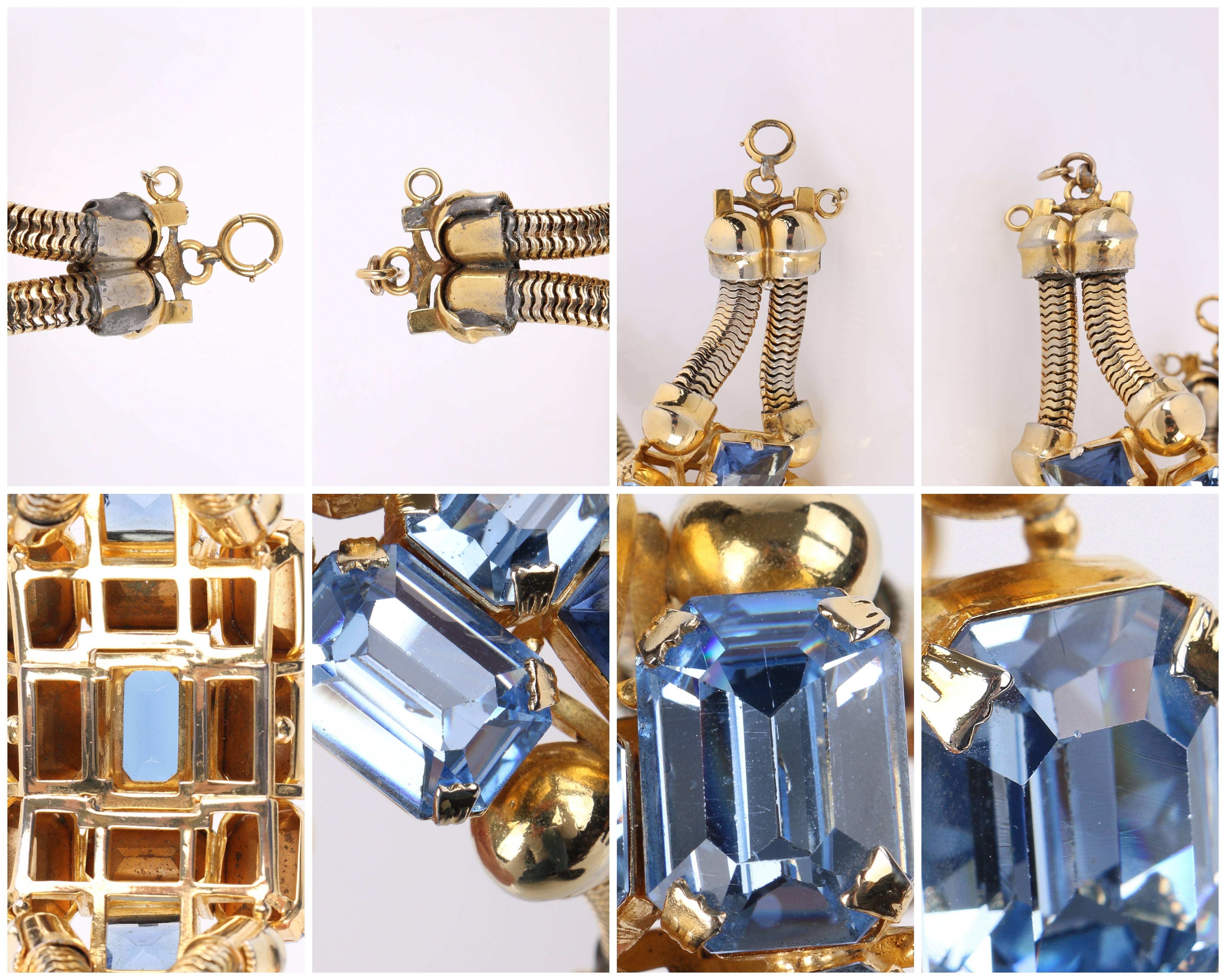 c.1950's Blue Glass Rhinestone Gold Banded Massive Statement Cuff Bracelet 6