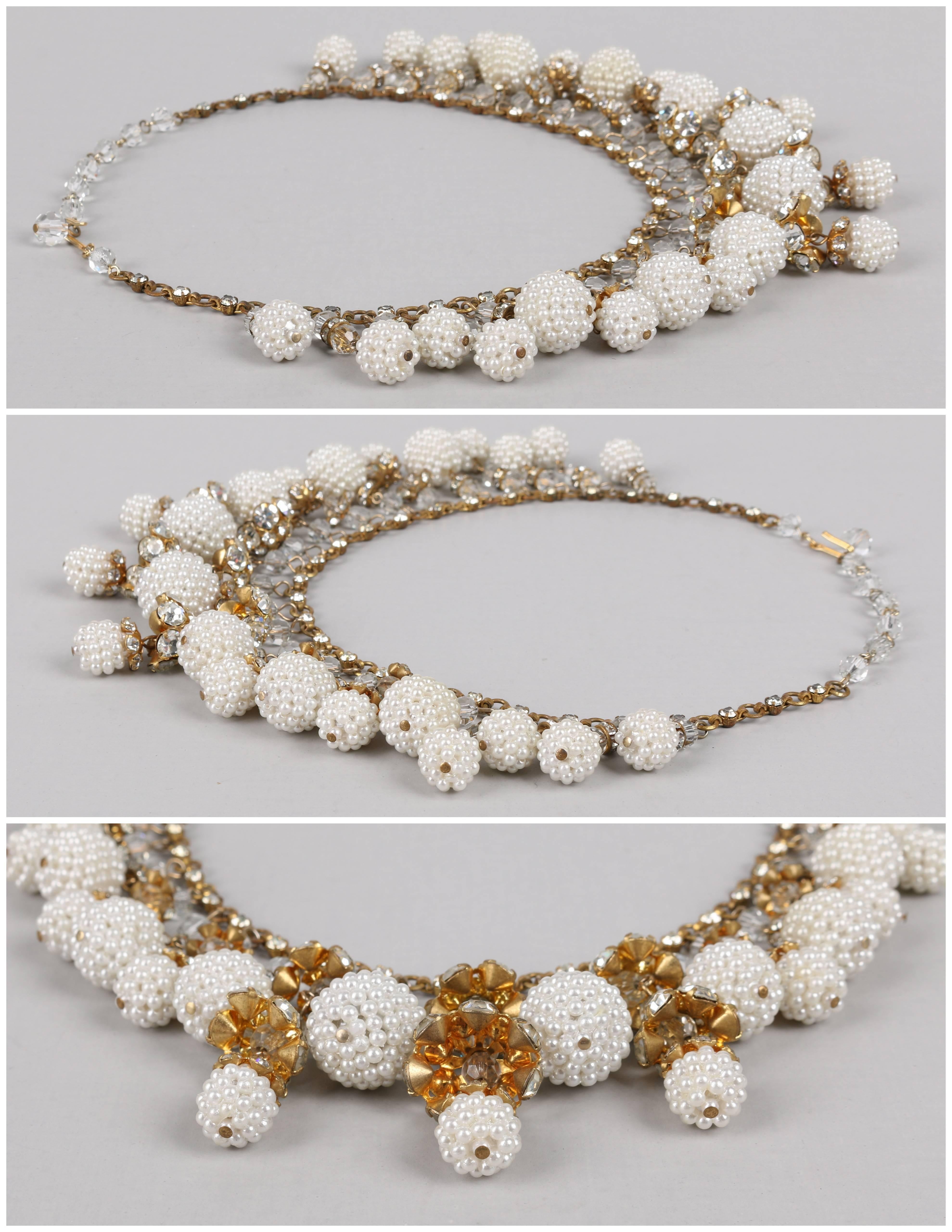 Crystal Rhinestone Pearl Cluster Gold Multi-drop Statement Bib Necklace, 1950s 1