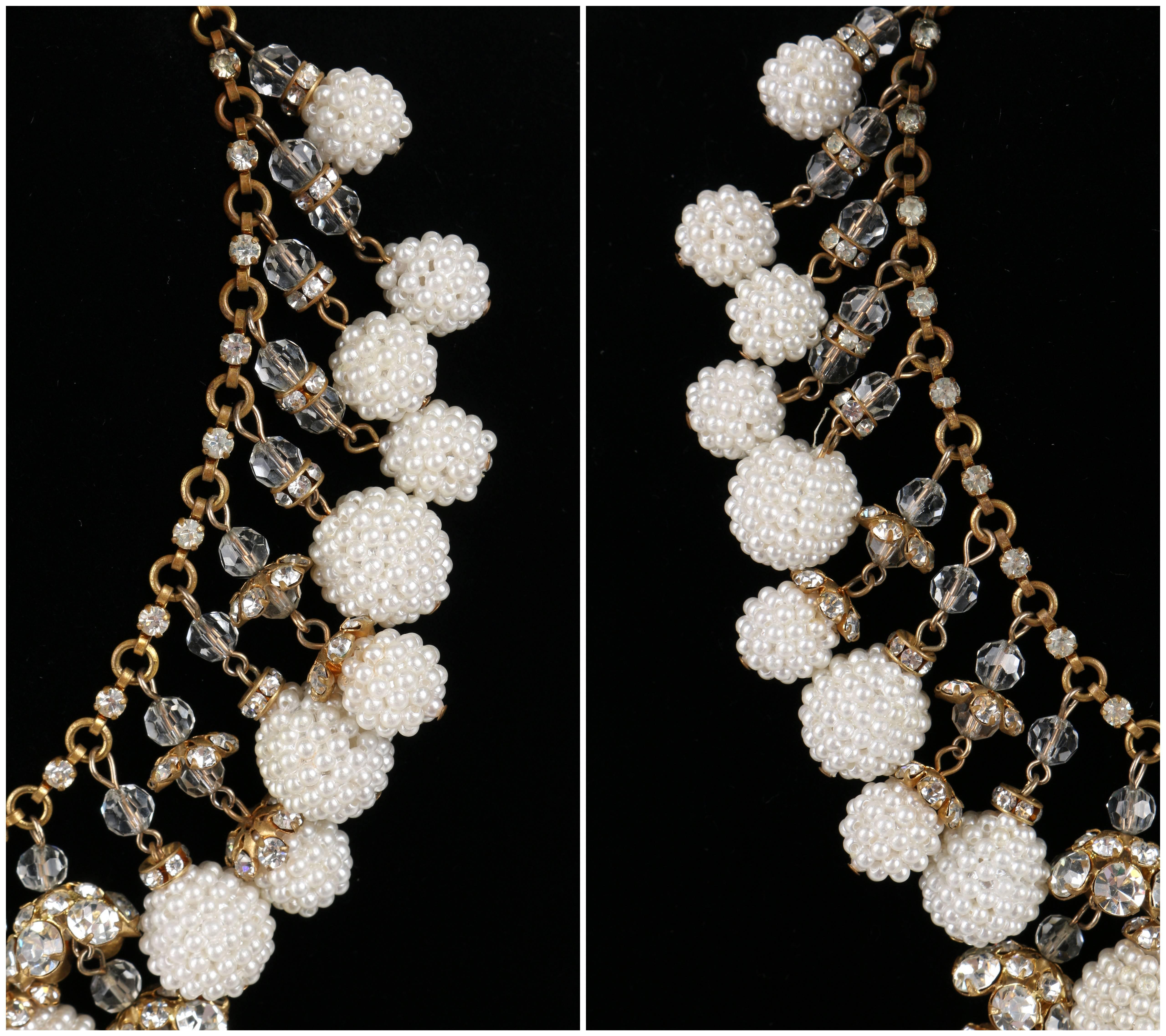 Women's Crystal Rhinestone Pearl Cluster Gold Multi-drop Statement Bib Necklace, 1950s