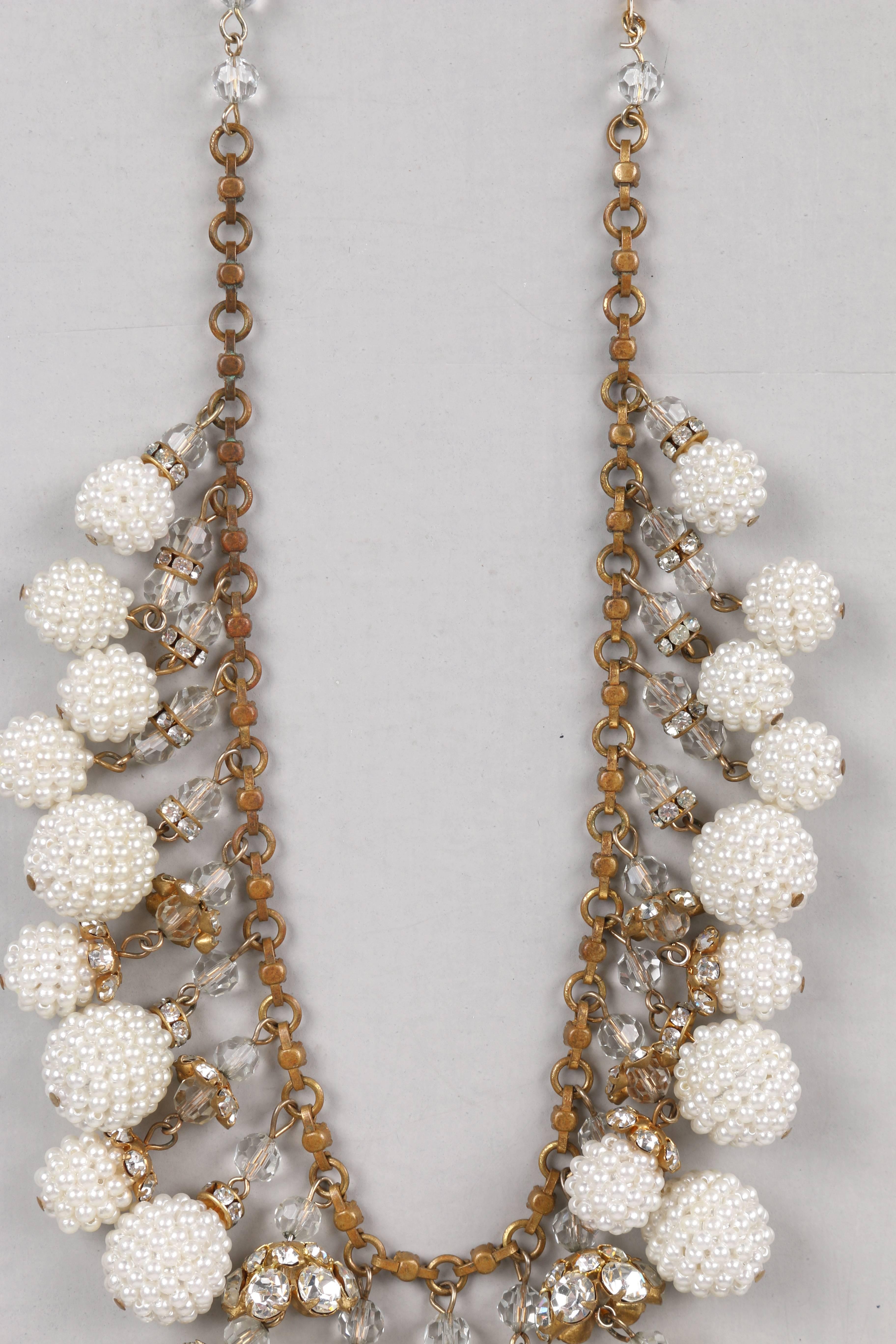Crystal Rhinestone Pearl Cluster Gold Multi-drop Statement Bib Necklace, 1950s 3