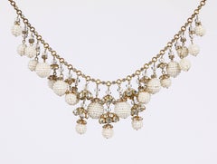 Crystal Rhinestone Pearl Cluster Gold Multi-drop Statement Bib Necklace, 1950s