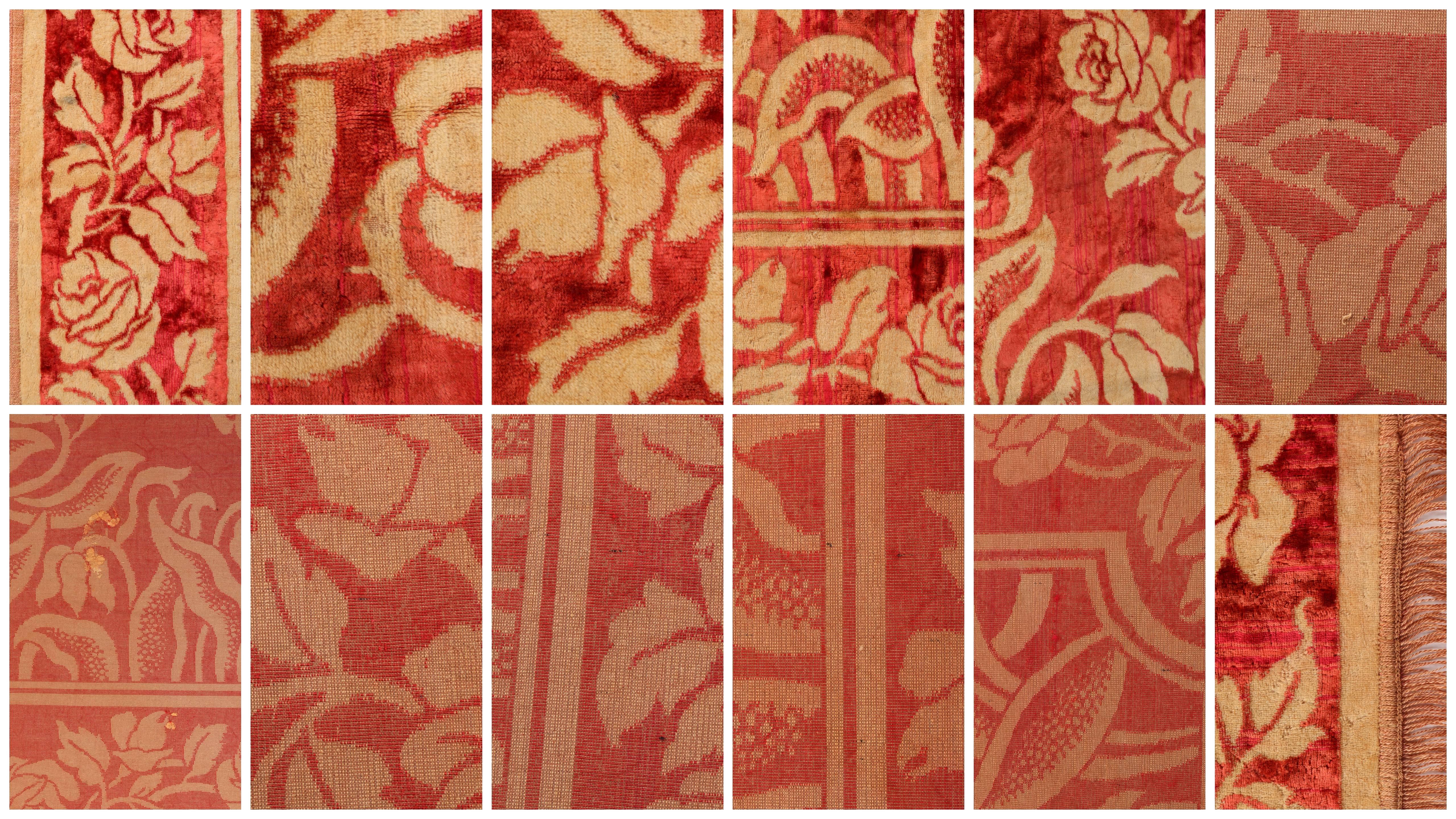 Art Nouveau Edwardian Red Floral Rose Velvet Fringed Bedspread / Throw c1910s In Excellent Condition In Thiensville, WI