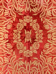 Art Nouveau Edwardian Red Floral Rose Velvet Fringed Bedspread / Throw c1910s