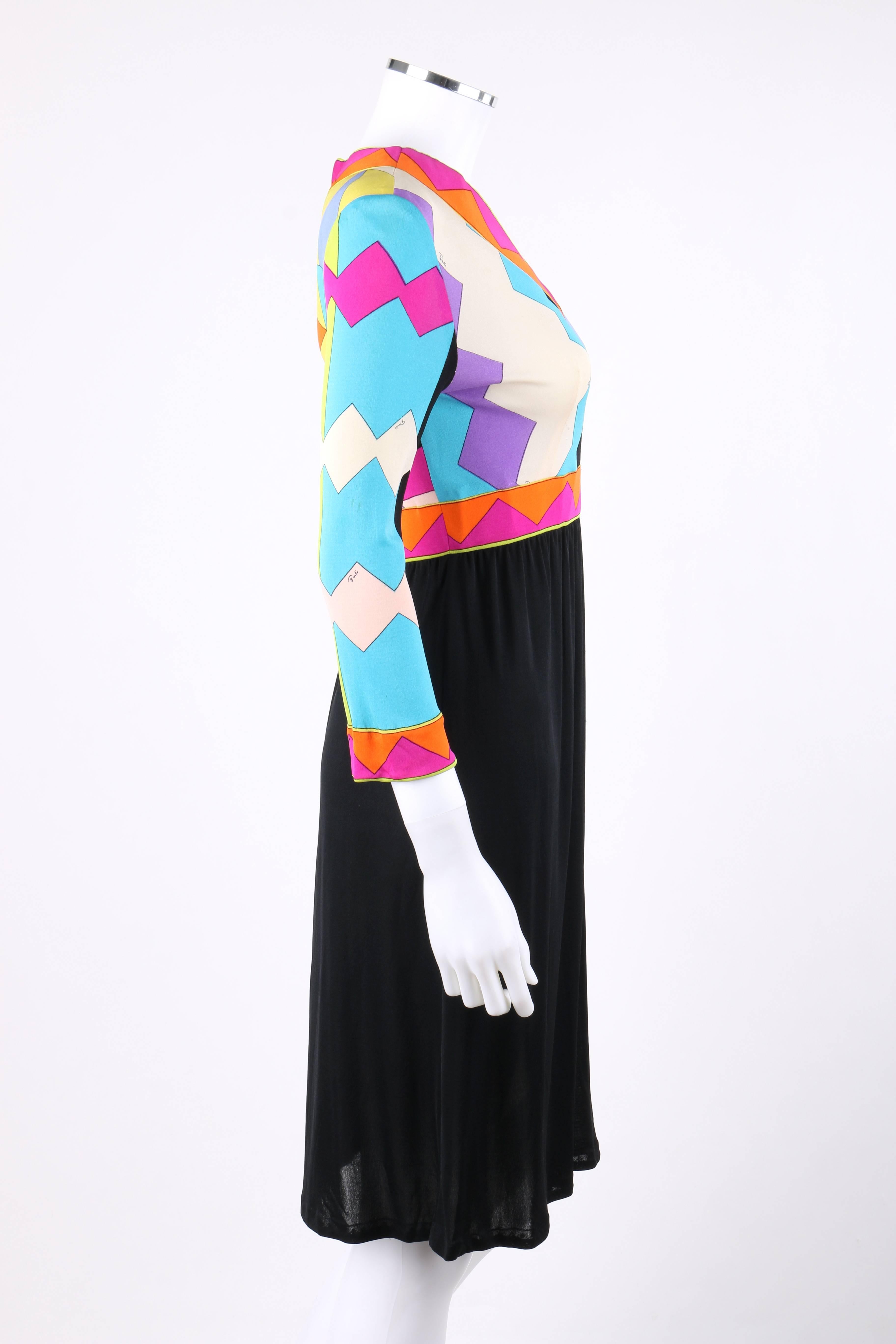 Black Emilio Pucci Blue Multicolor Geometric Signature Print Silk Shift Dress, 1960s