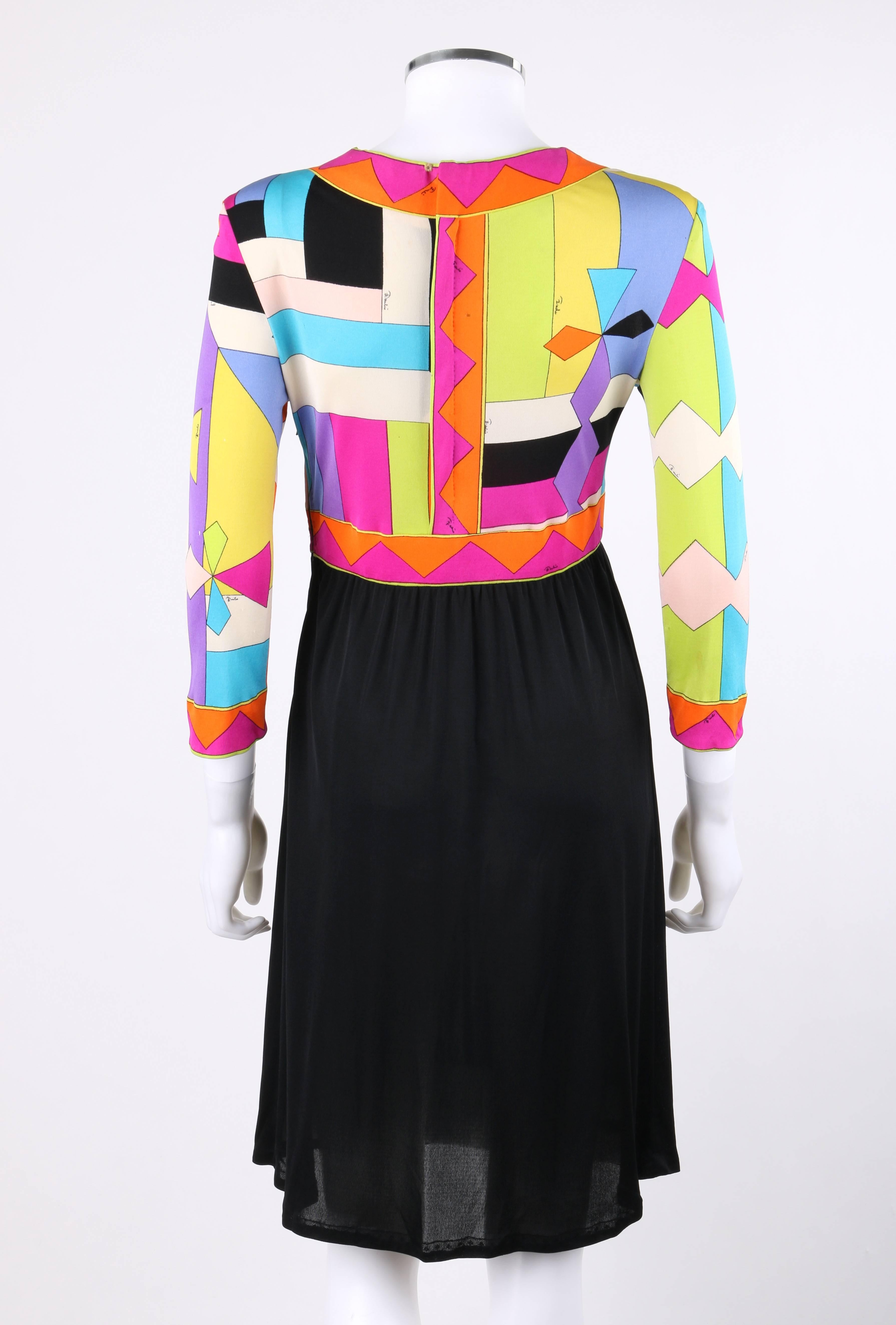 Emilio Pucci Blue Multicolor Geometric Signature Print Silk Shift Dress, 1960s In Excellent Condition In Thiensville, WI