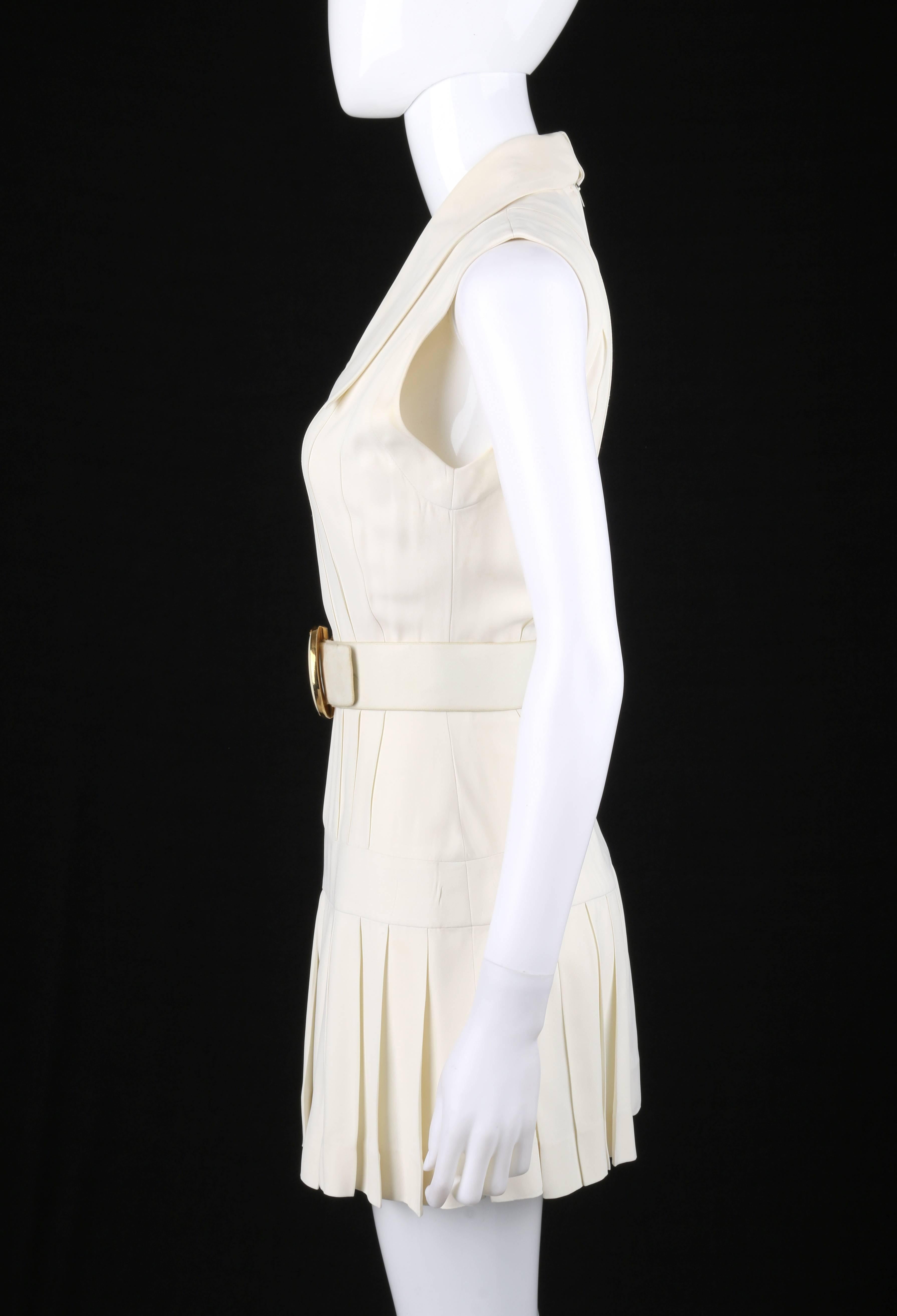 Women's CHANEL Boutique c.1980s White Silk Pleated Drop Waist Shift Dress Signature Belt