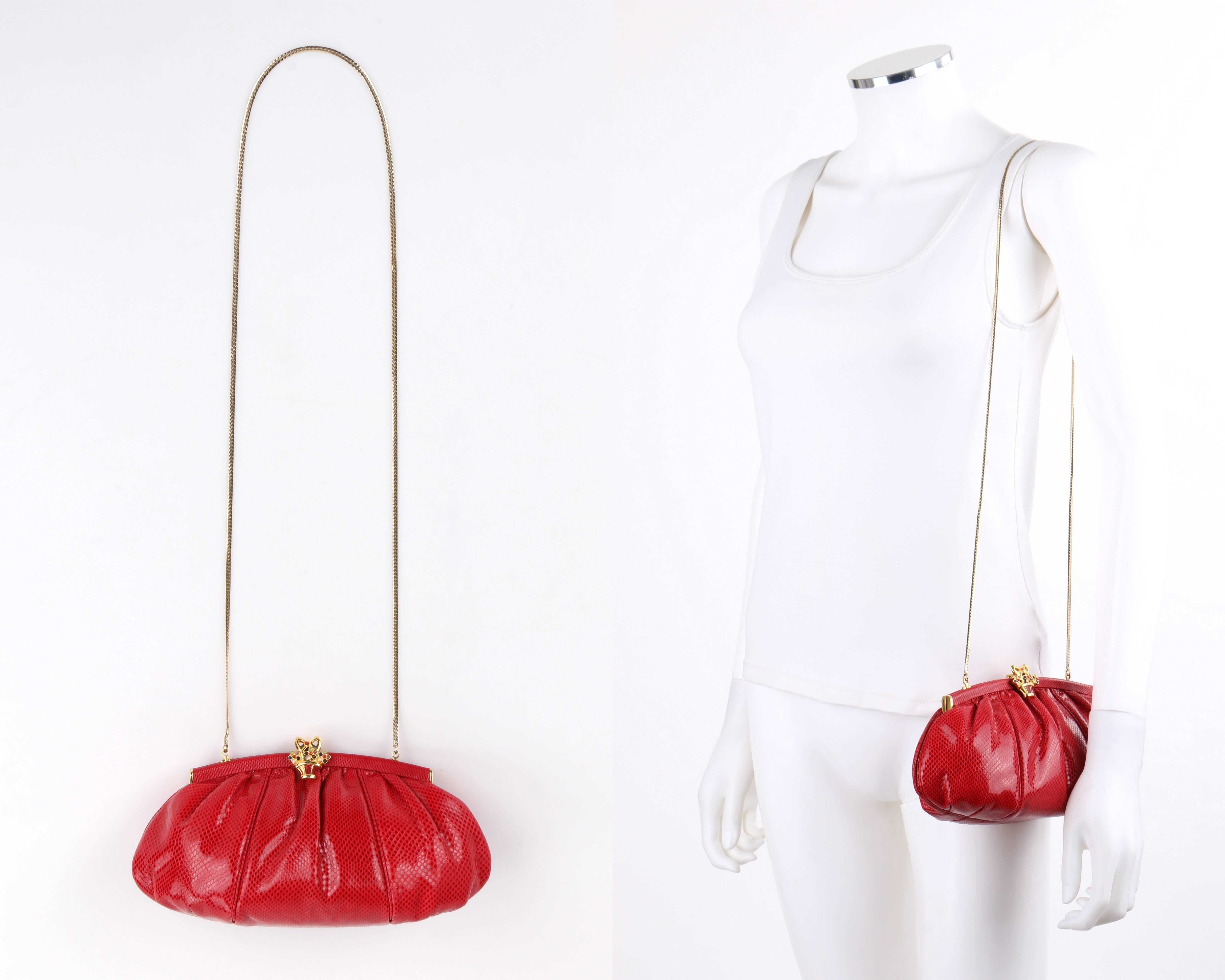 Women's JUDITH LEIBER c.1980's Red Lizard Skin Leather Frame Top Evening Bag Purse