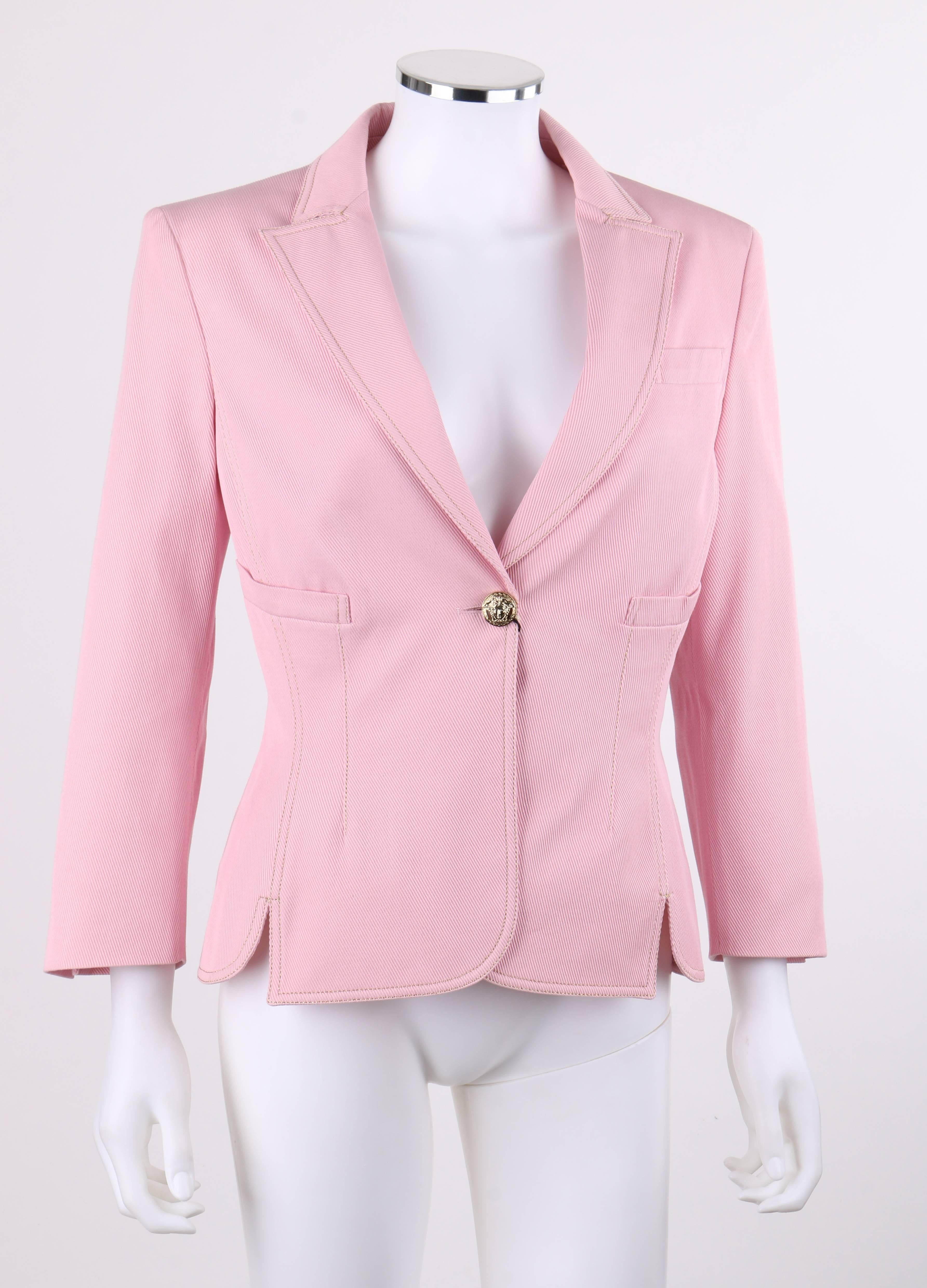 Versace Spring/Summer 2005 pink denim single button blazer; New with tags. Runway look #6 designed by Donatella Versace. Rose pink denim twill with contrasting metallic gold top stitching.  Notched lapel collar. 3/4 length sleeves with five button