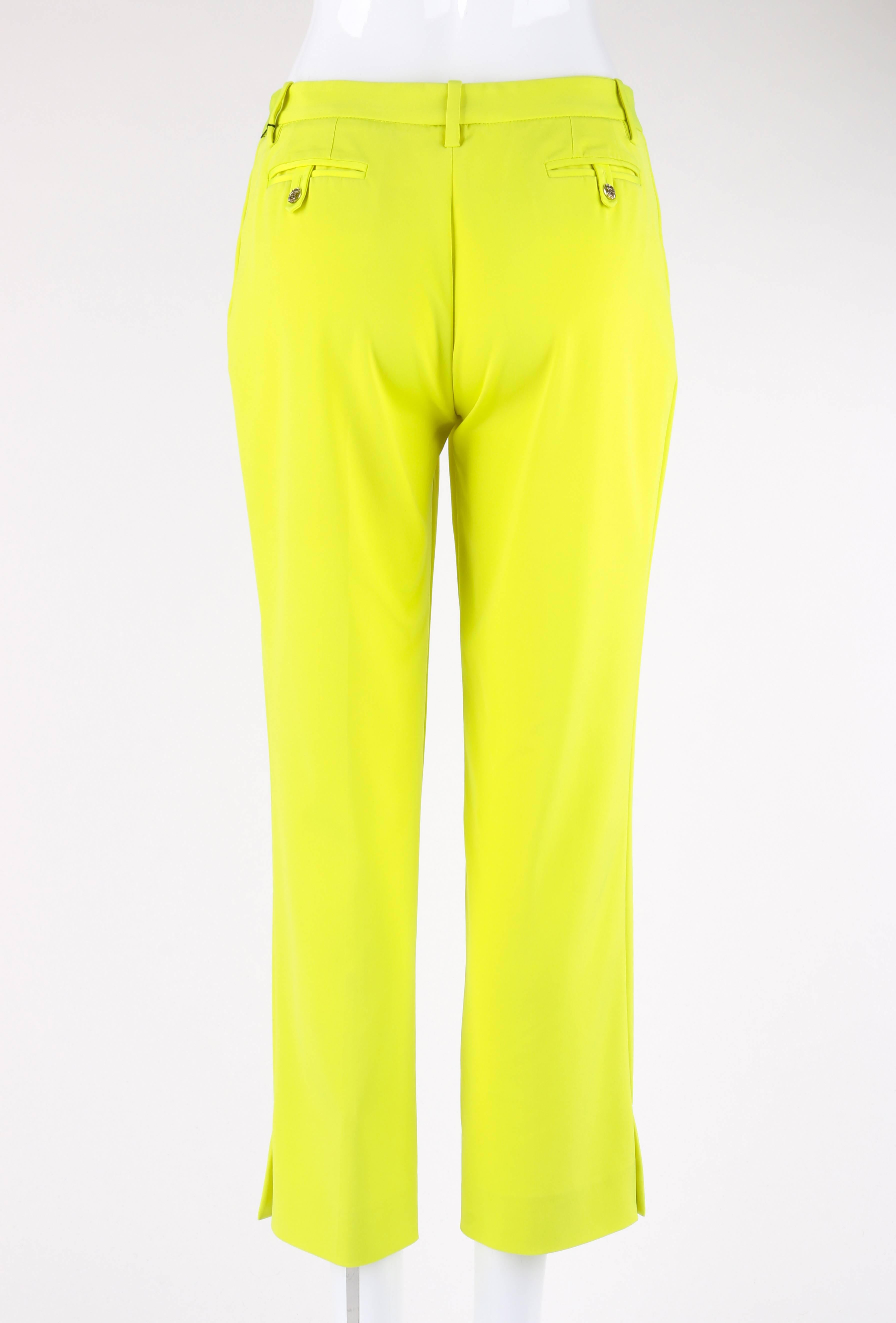 VERSACE S/S 2004 Neon Yellow Silk Cropped Capri Ankle Length Trouser Pants NWT In New Condition In Thiensville, WI