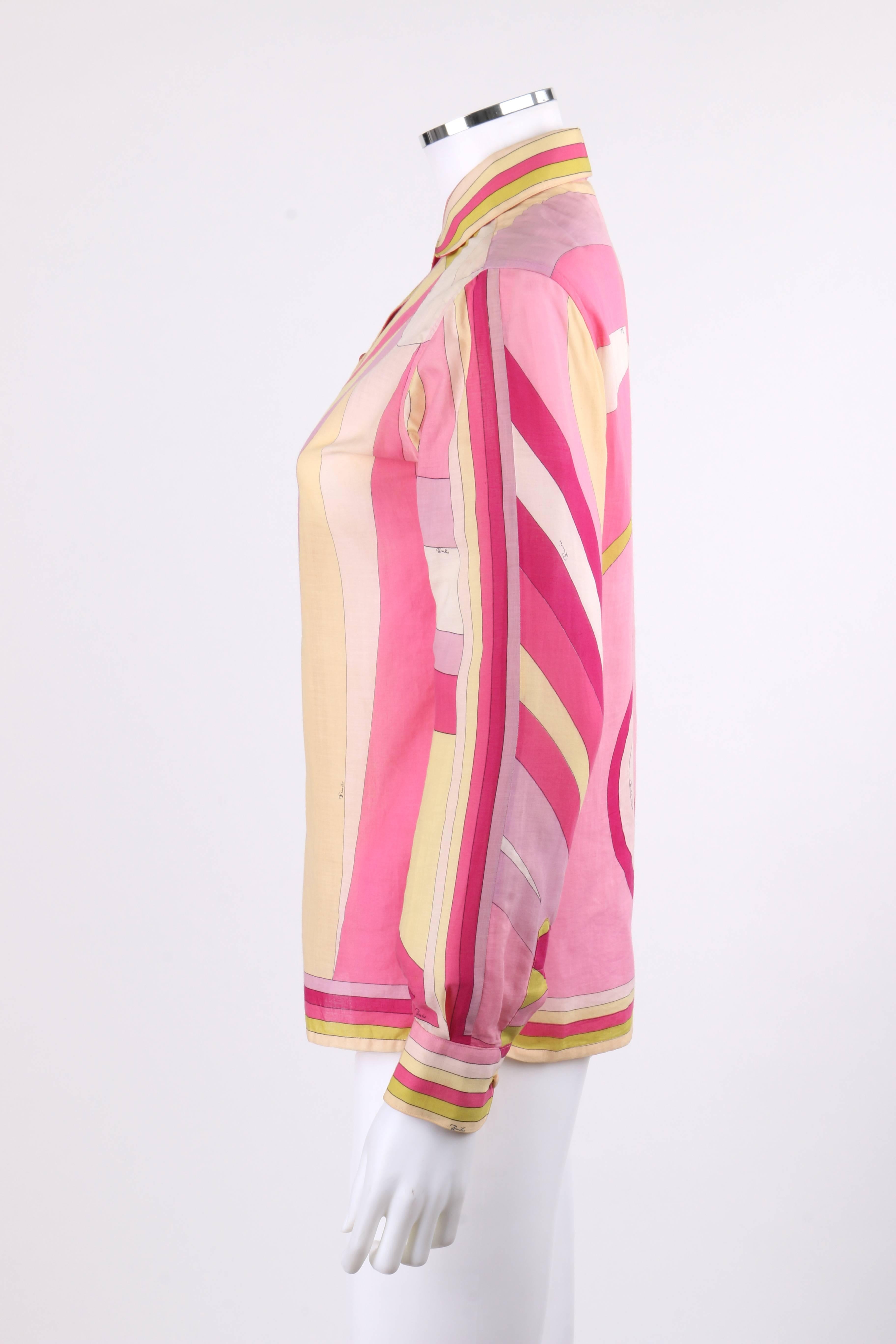 EMILIO PUCCI c.1960's Pink Geometric Sun Burst Signature Print Button Up Shirt In Good Condition In Thiensville, WI