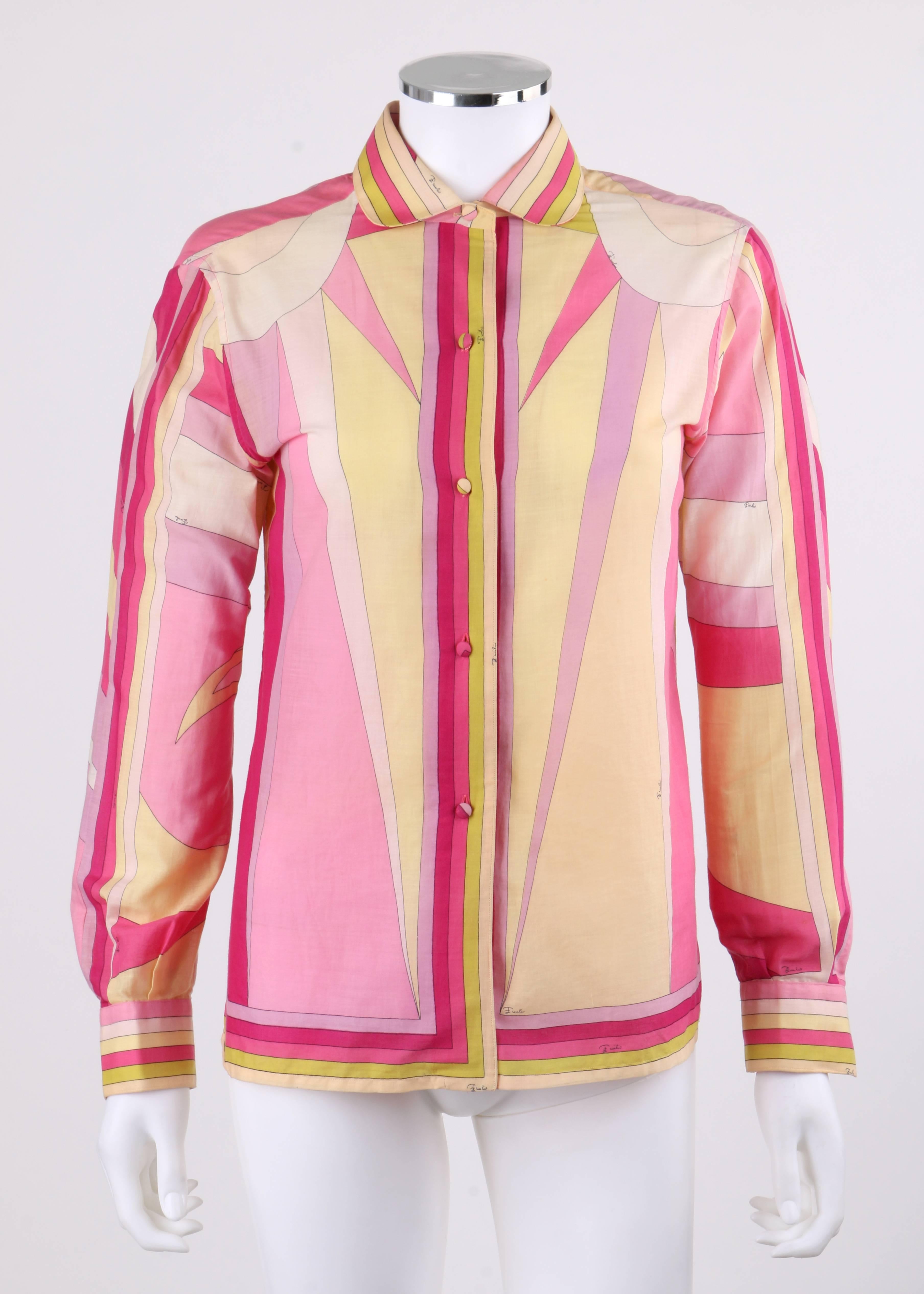Vintage Emilio Pucci exclusively for Saks Fifth Avenue c.1960's geometric sun burst signature print button up shirt. Multi-color sun burst geometric cotton print in shades of pink, yellow, and white. Rounded shirt collar. Five center front covered