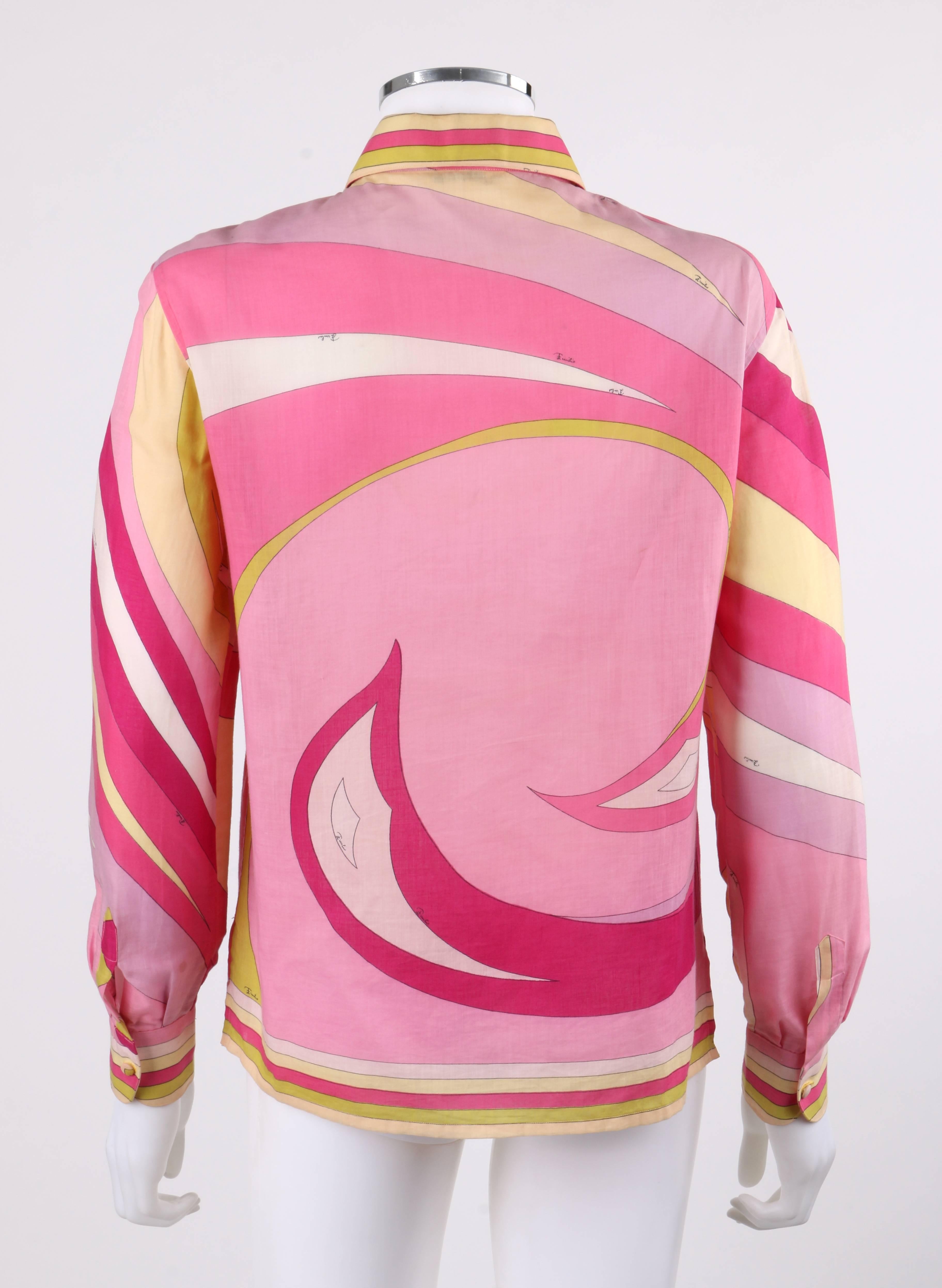 Orange EMILIO PUCCI c.1960's Pink Geometric Sun Burst Signature Print Button Up Shirt