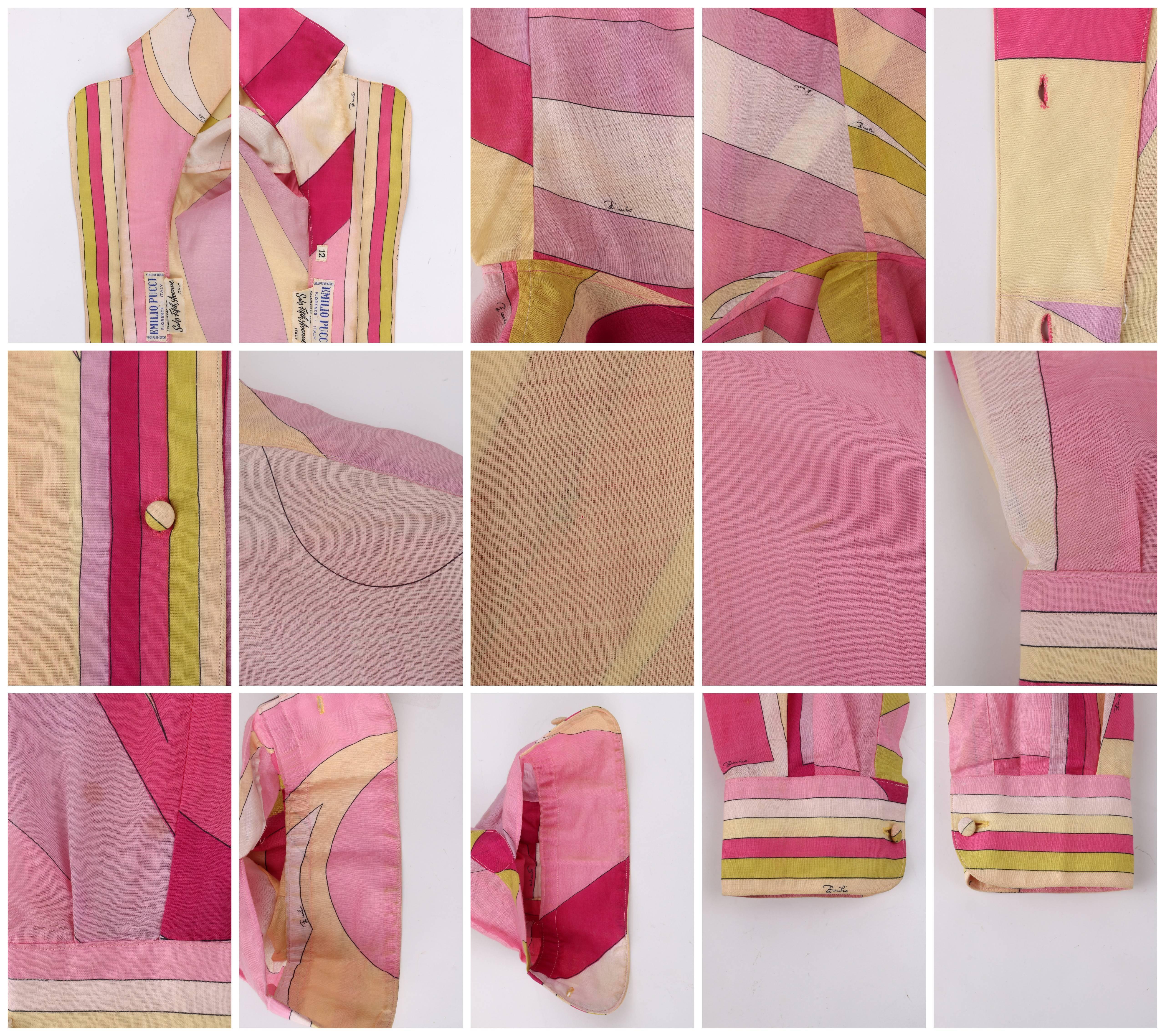 EMILIO PUCCI c.1960's Pink Geometric Sun Burst Signature Print Button Up Shirt 1