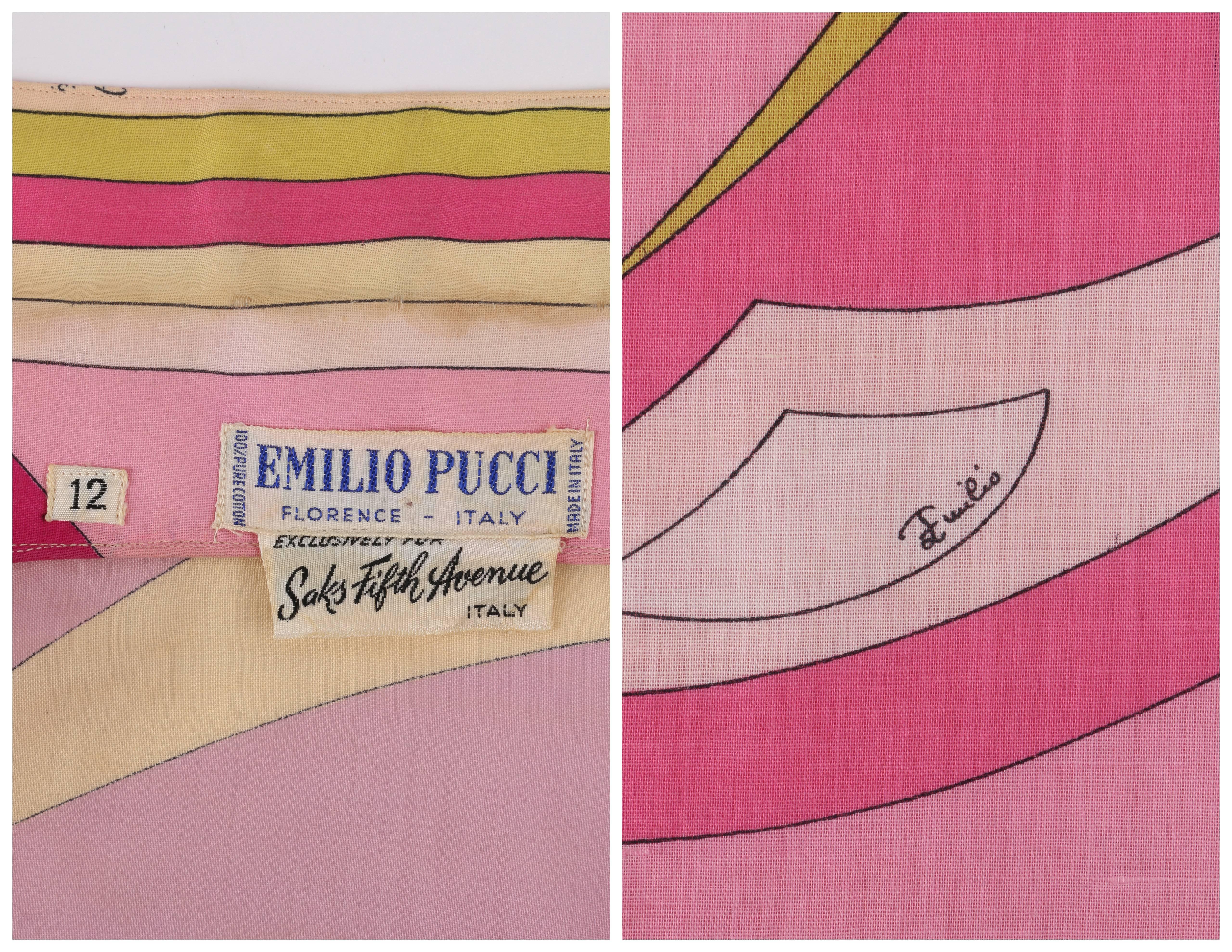 Women's EMILIO PUCCI c.1960's Pink Geometric Sun Burst Signature Print Button Up Shirt