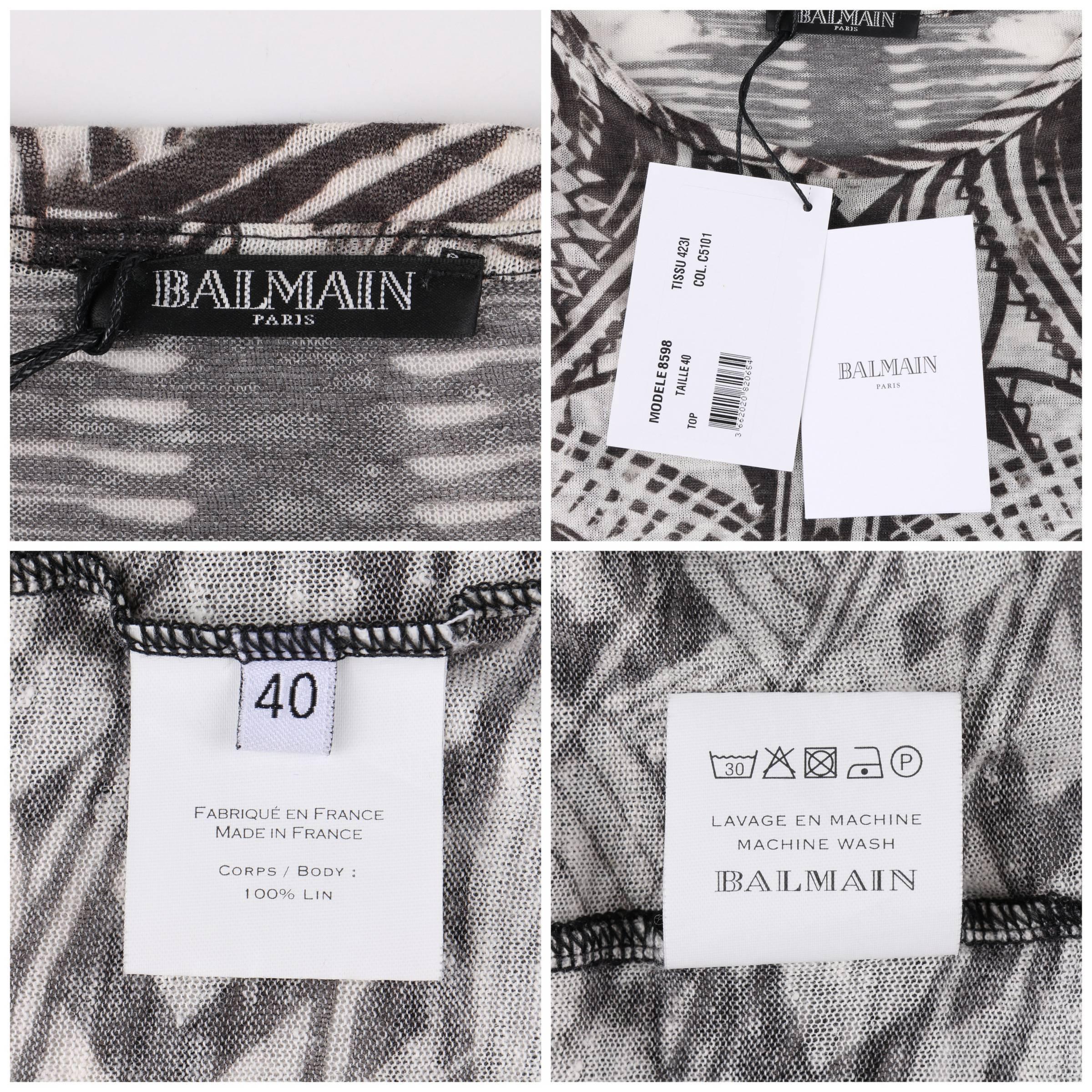 BALMAIN Resort 2012 Black & White Abstract Print Linen Knit Scoop Neck Top  2