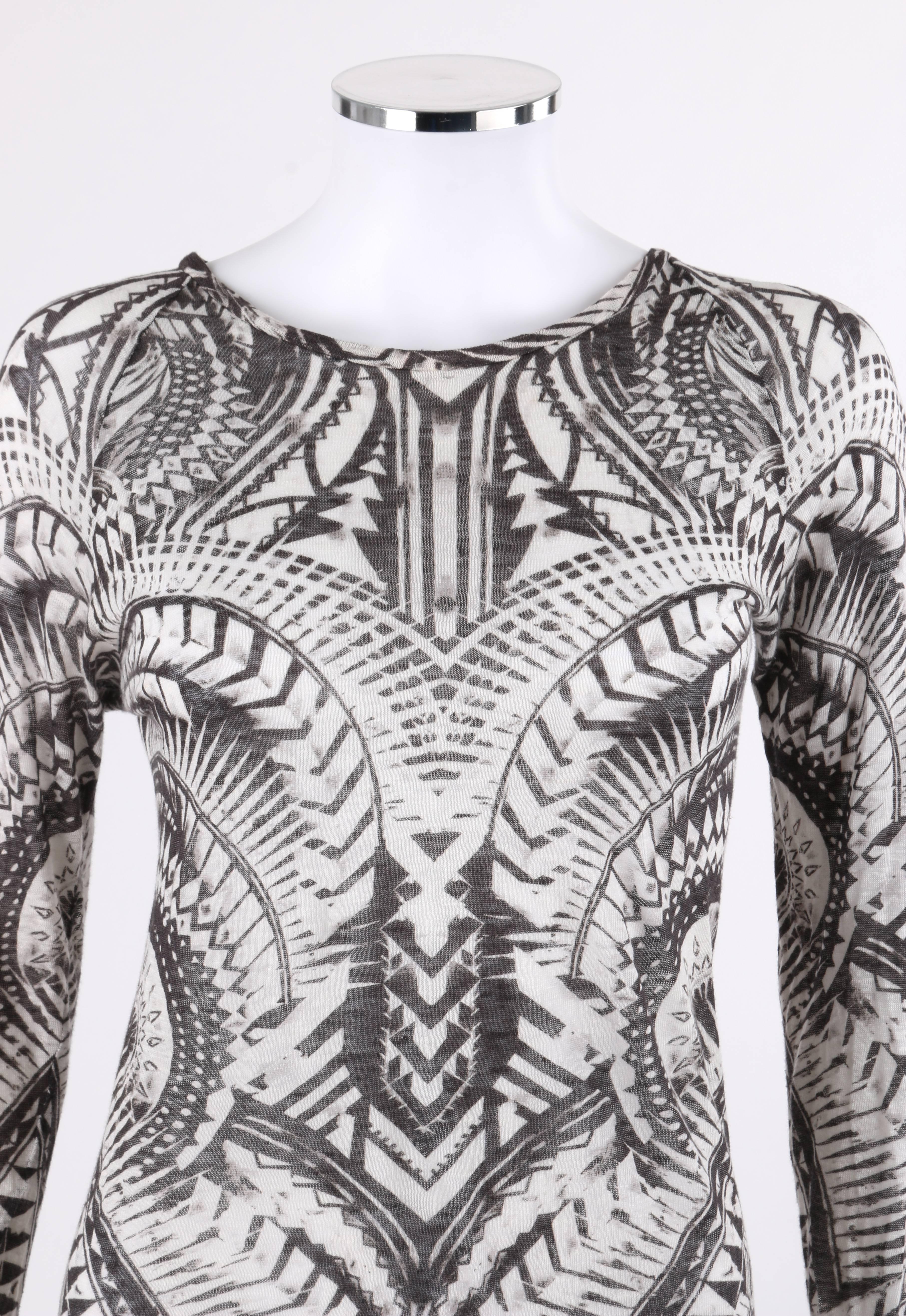 Gray BALMAIN Resort 2012 Black & White Abstract Print Linen Knit Scoop Neck Top 
