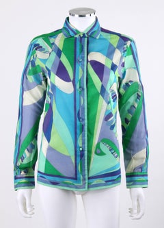 EMILIO PUCCI c.1960's Blue Multicolor Op Art Signature Print Button Up Shirt