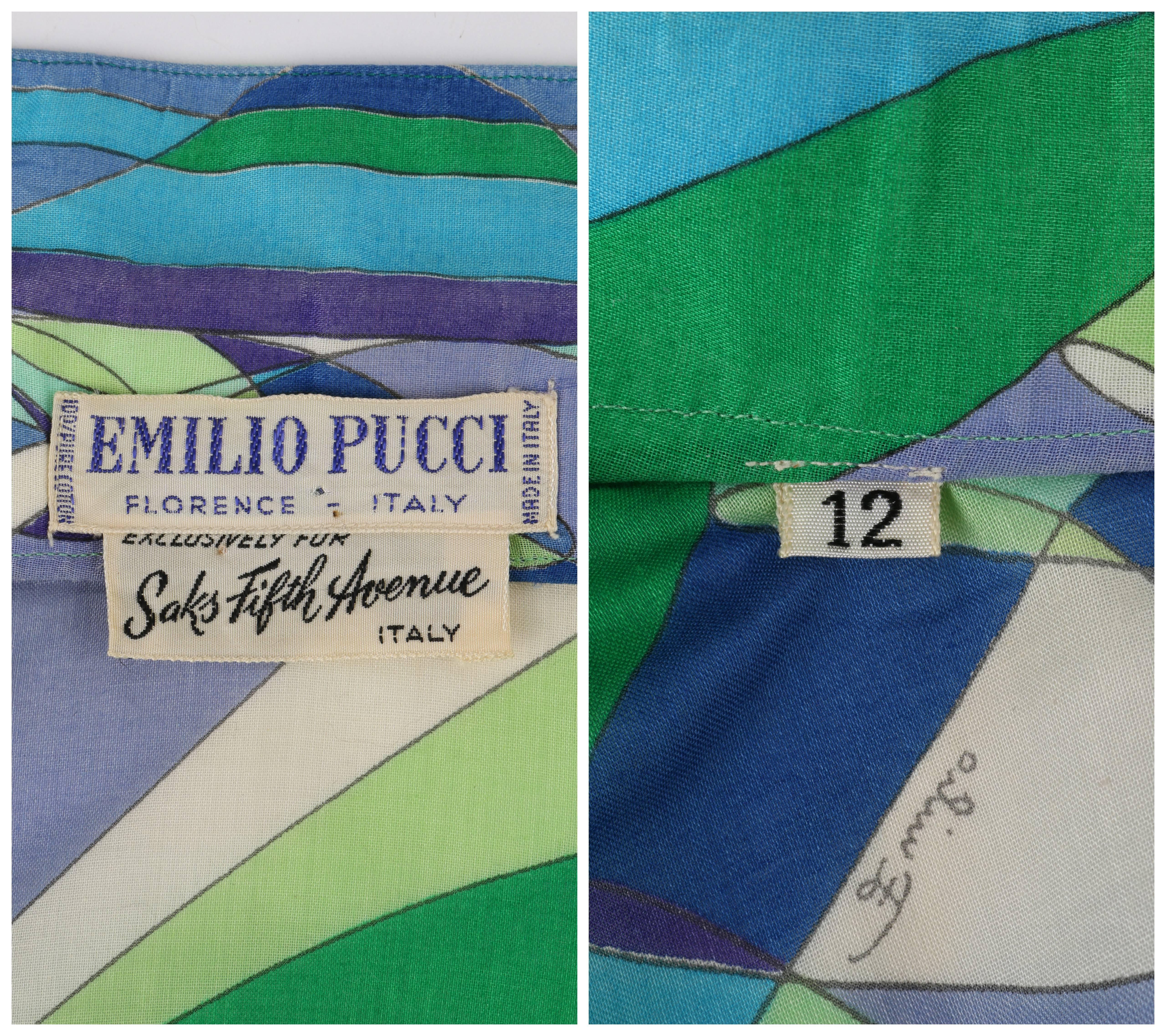 EMILIO PUCCI c.1960's Blue Multicolor Op Art Signature Print Button Up Shirt In Good Condition For Sale In Thiensville, WI