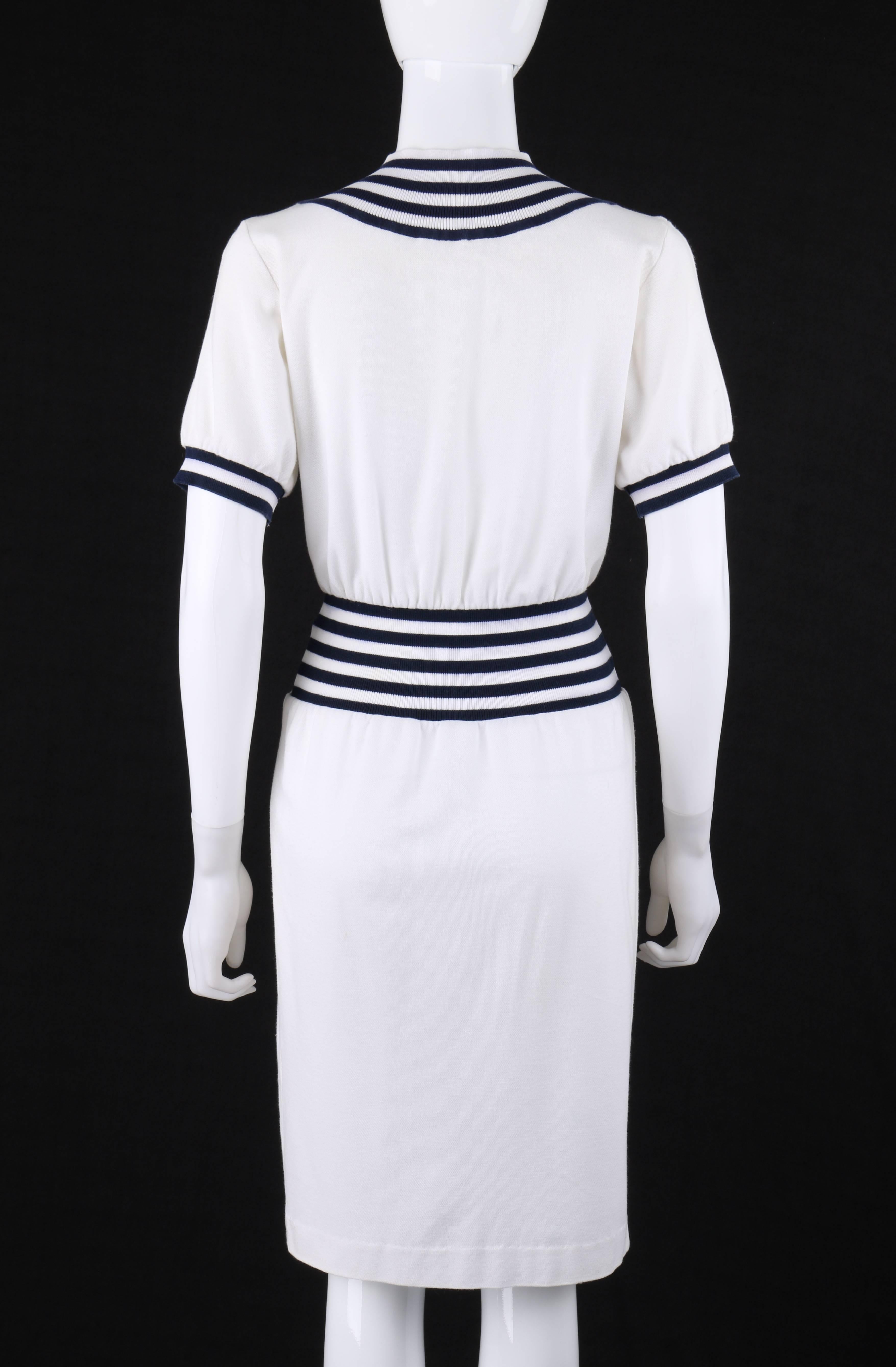 Gray COURREGES c.1980's White & Navy Knit V Neck Shift Day Dress