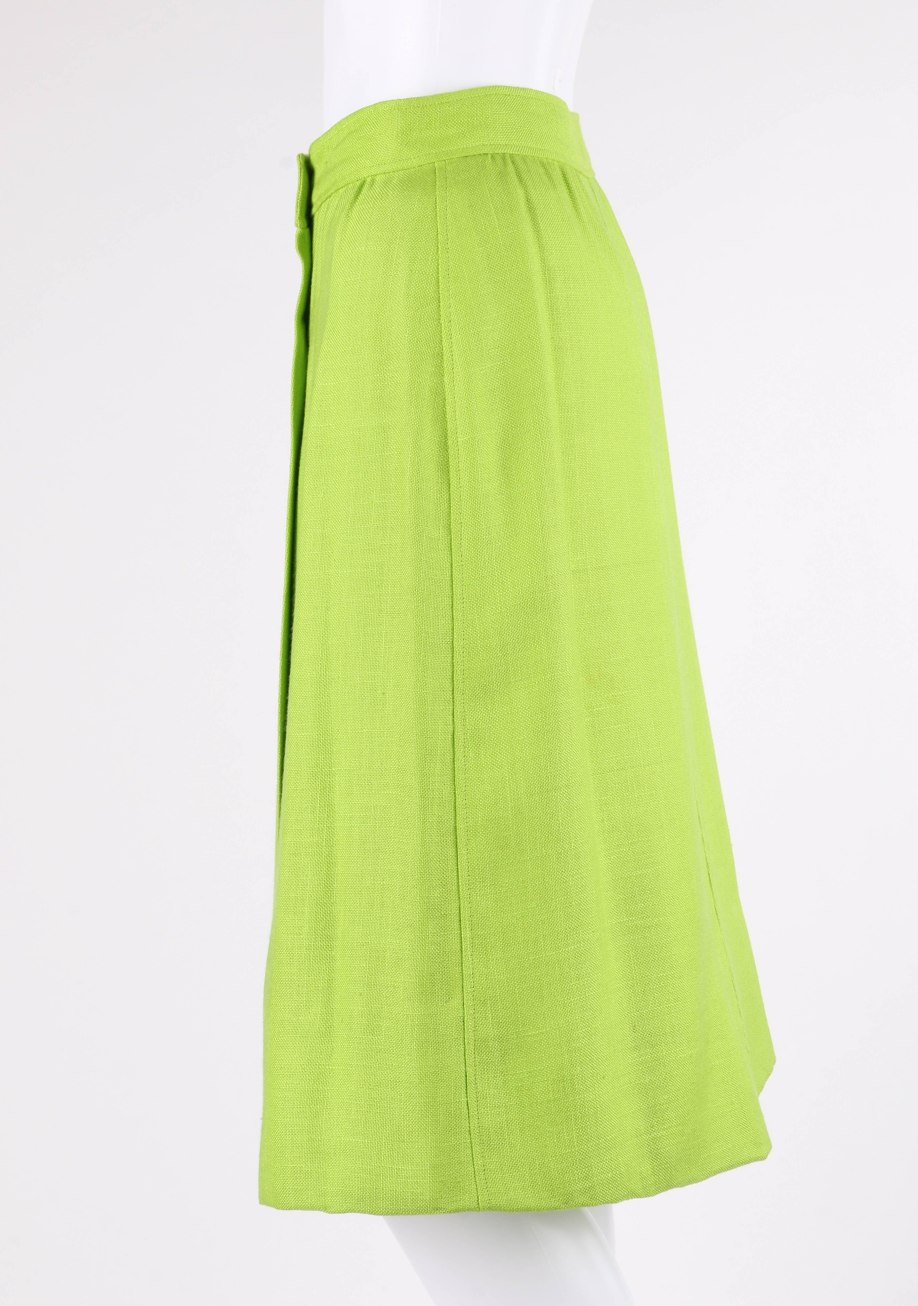 COURREGES Hyperbole c.1970's Lime Green Snap Front Tea Length Wrap Skirt  In Excellent Condition For Sale In Thiensville, WI