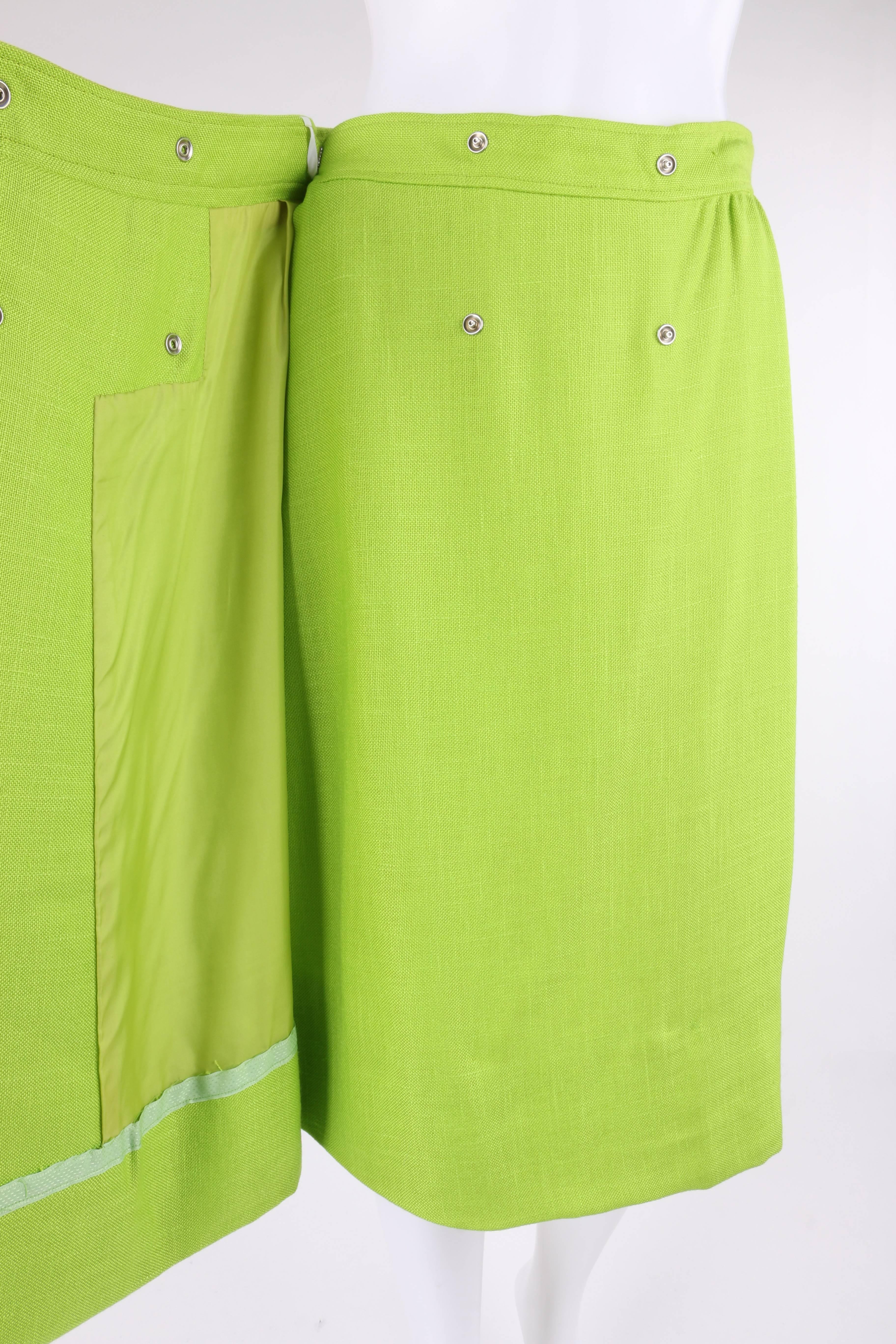 Women's COURREGES Hyperbole c.1970's Lime Green Snap Front Tea Length Wrap Skirt  For Sale