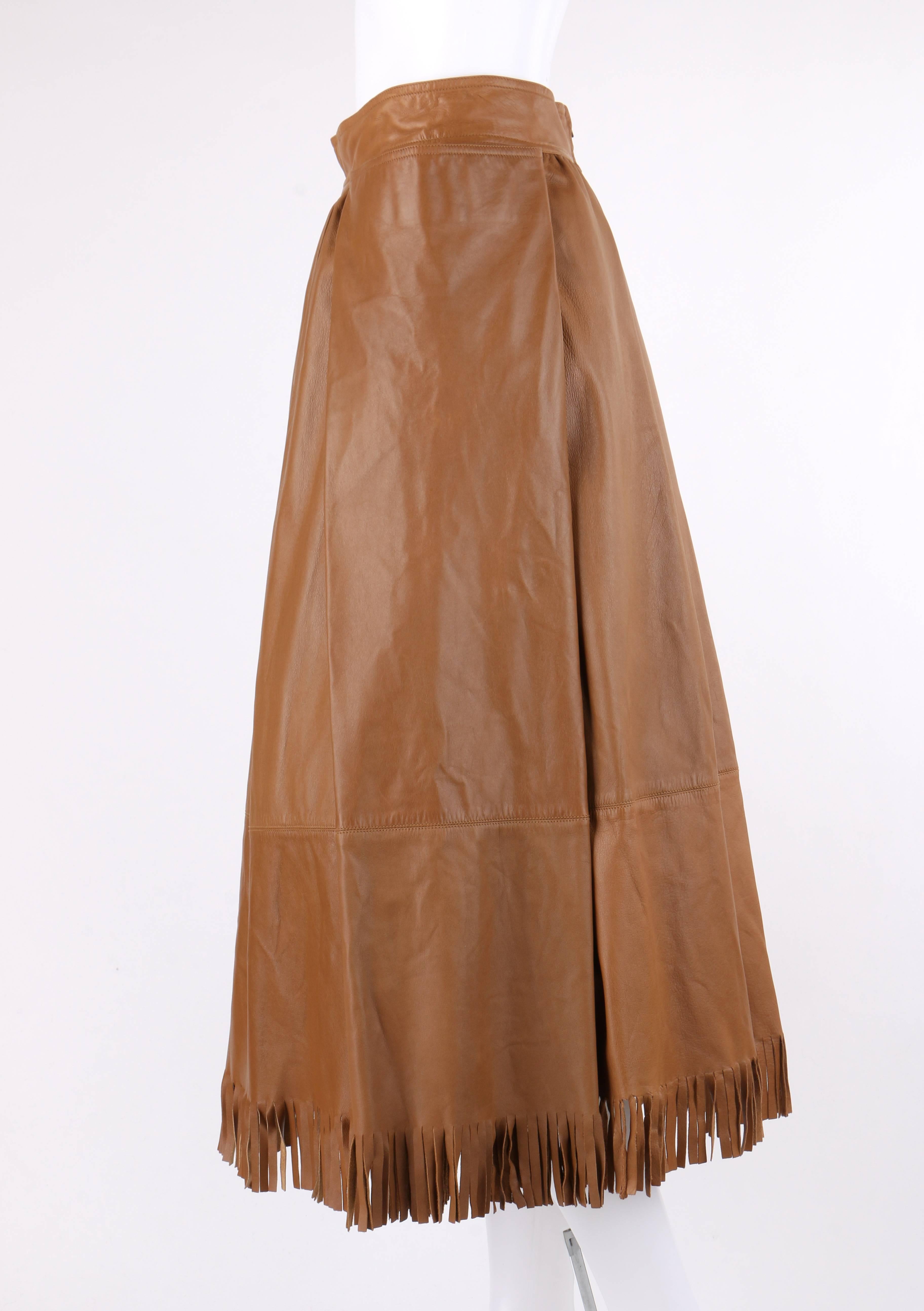 GUCCI c.1970's Tan Brown Leather Fringe Hem Pleated Tea Length Skirt 1