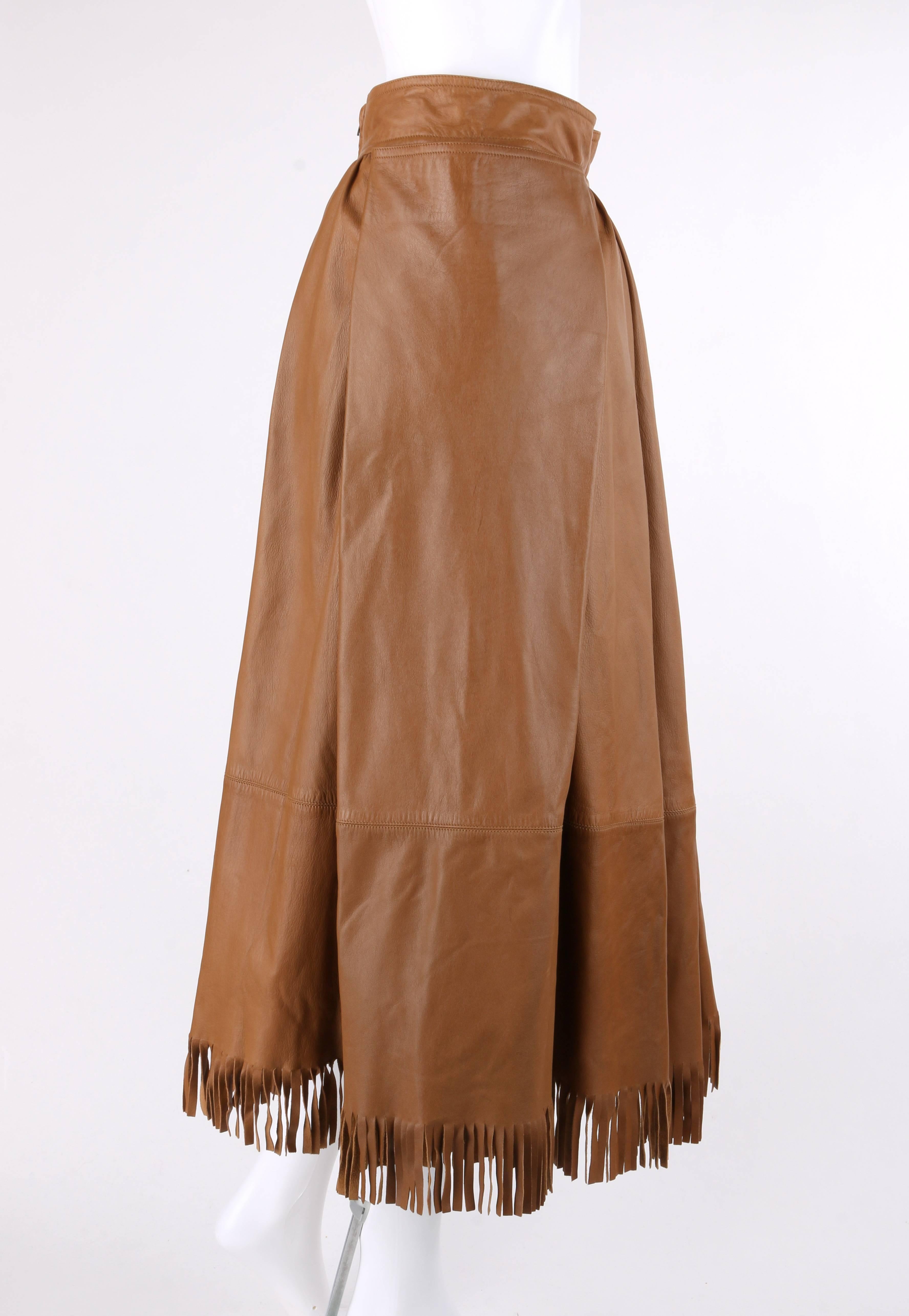 GUCCI c.1970's Tan Brown Leather Fringe Hem Pleated Tea Length Skirt In Excellent Condition In Thiensville, WI