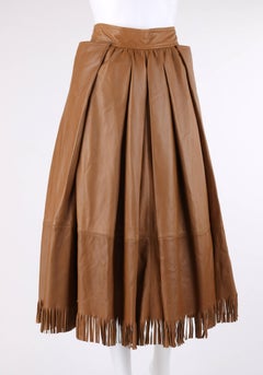 GUCCI c.1970's Tan Brown Leather Fringe Hem Pleated Tea Length Skirt