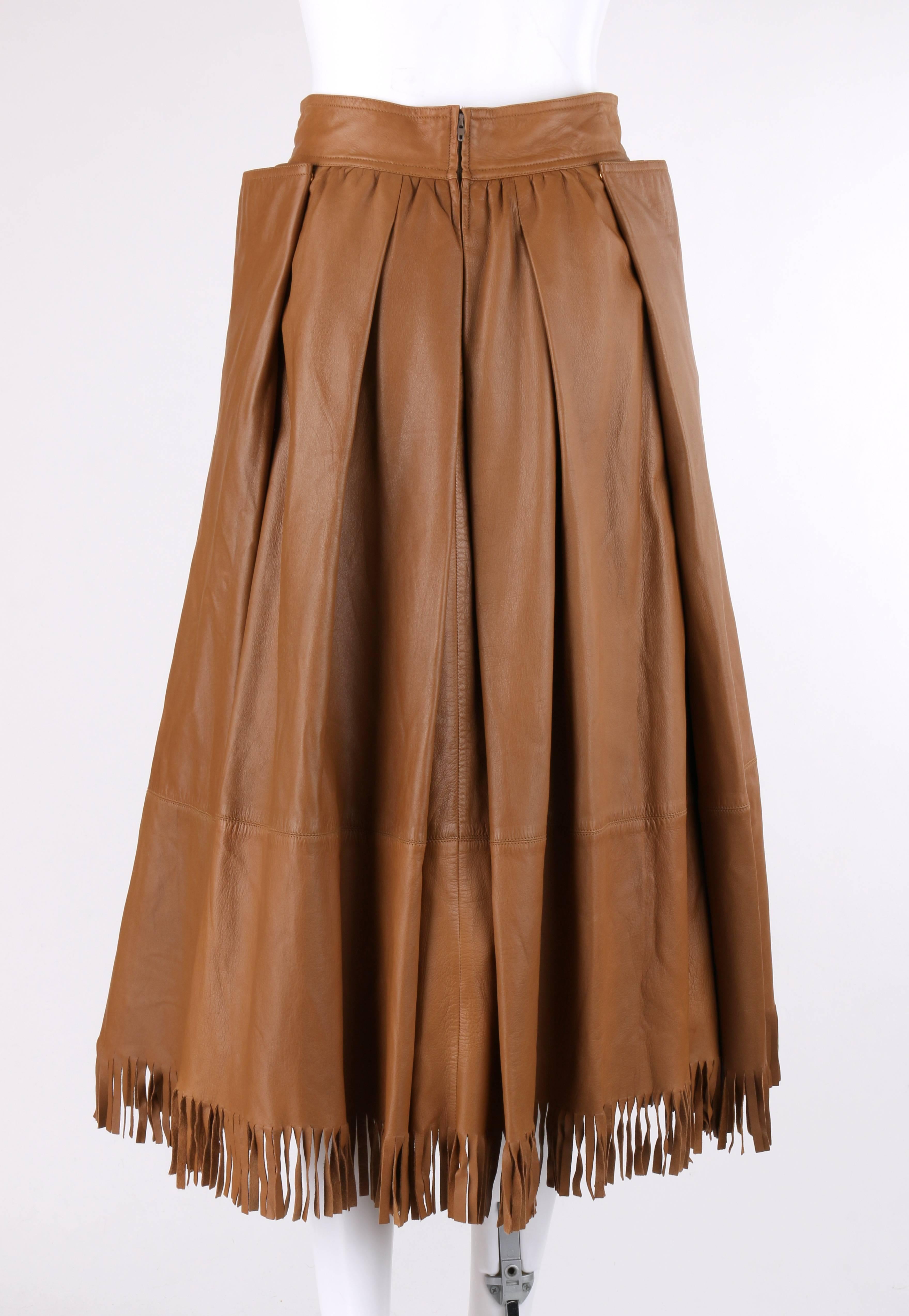 Women's GUCCI c.1970's Tan Brown Leather Fringe Hem Pleated Tea Length Skirt