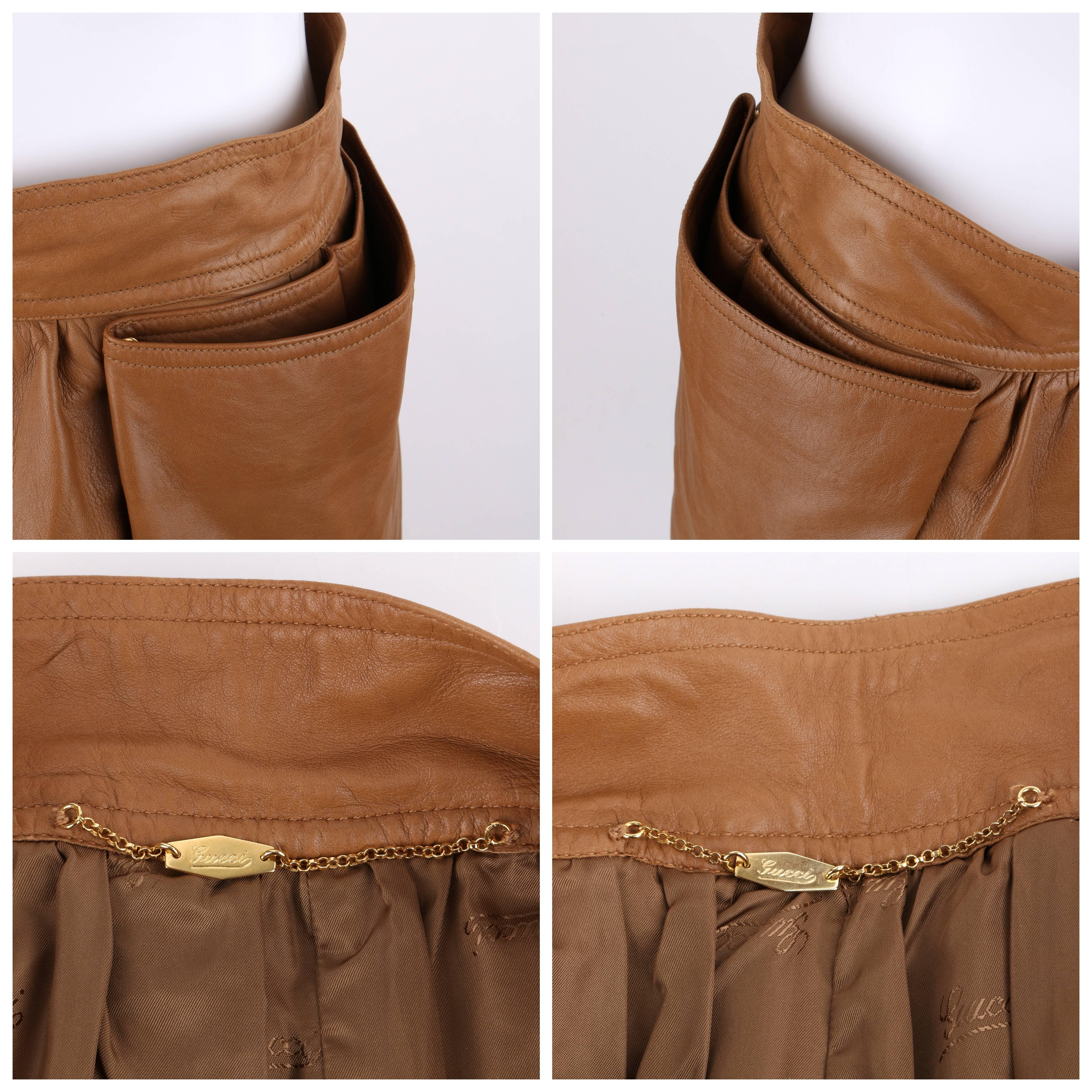 GUCCI c.1970's Tan Brown Leather Fringe Hem Pleated Tea Length Skirt 2