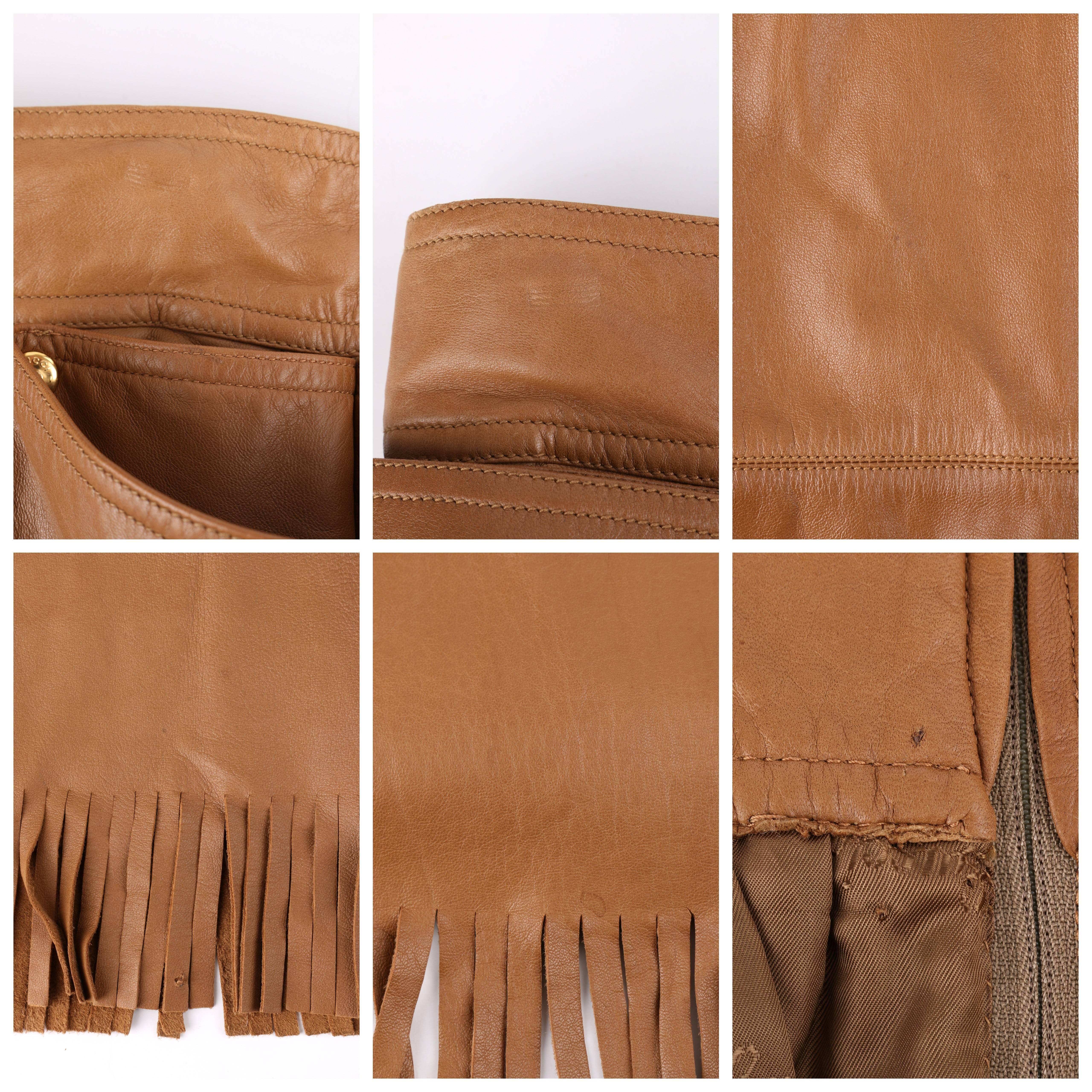 GUCCI c.1970's Tan Brown Leather Fringe Hem Pleated Tea Length Skirt 5