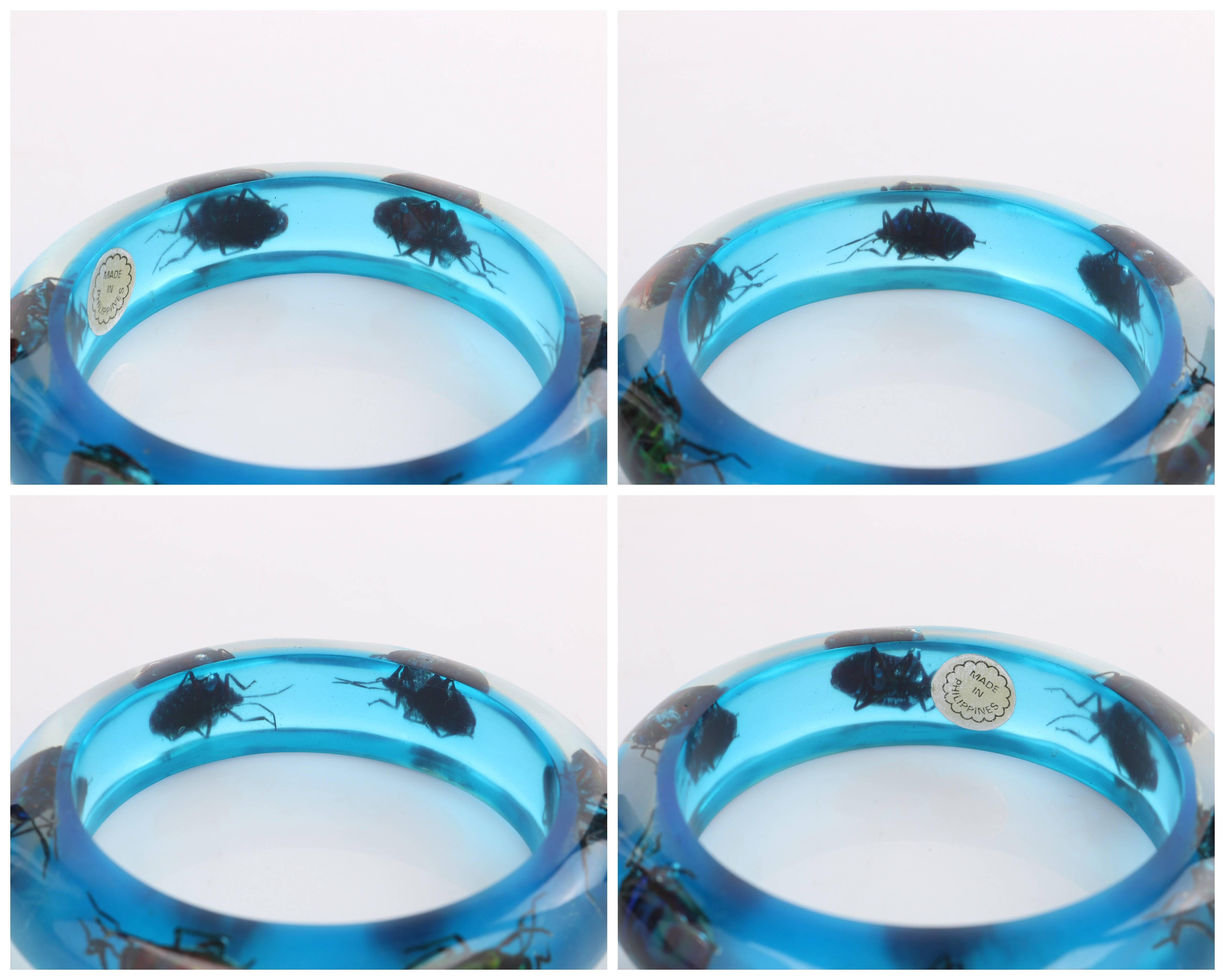 Women's Vintage Blue Translucent Lucite Iridescent Beetle Embedded Bangle Bracelet